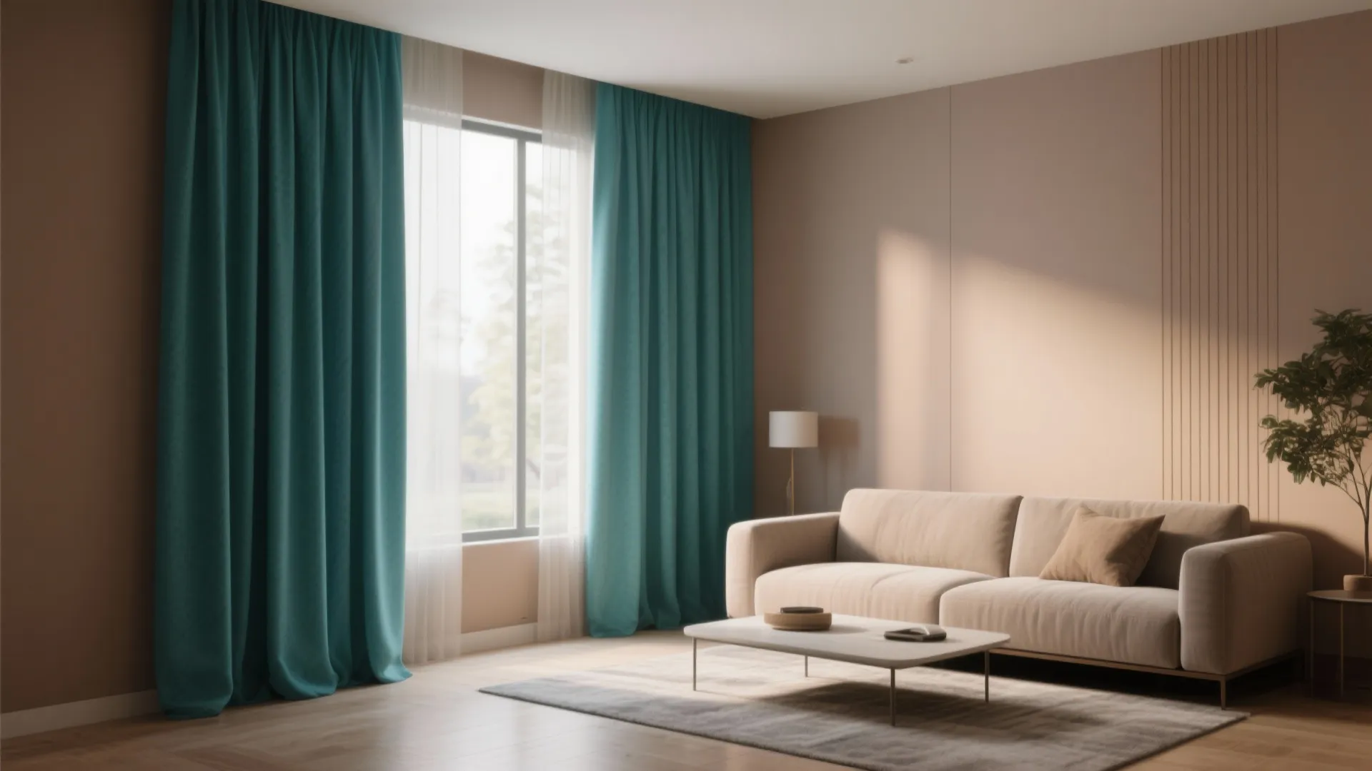 6. Teal Curtains with Light Brown Walls