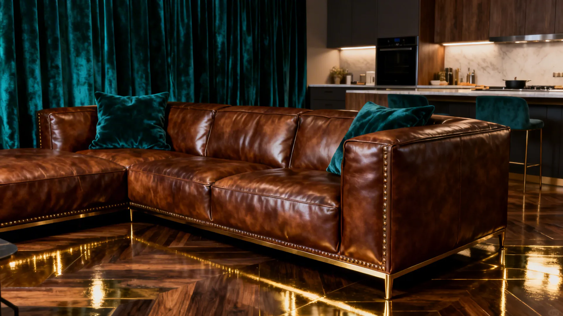 Brown sectional sofa paired with deep teal velvet curtains and brass accents