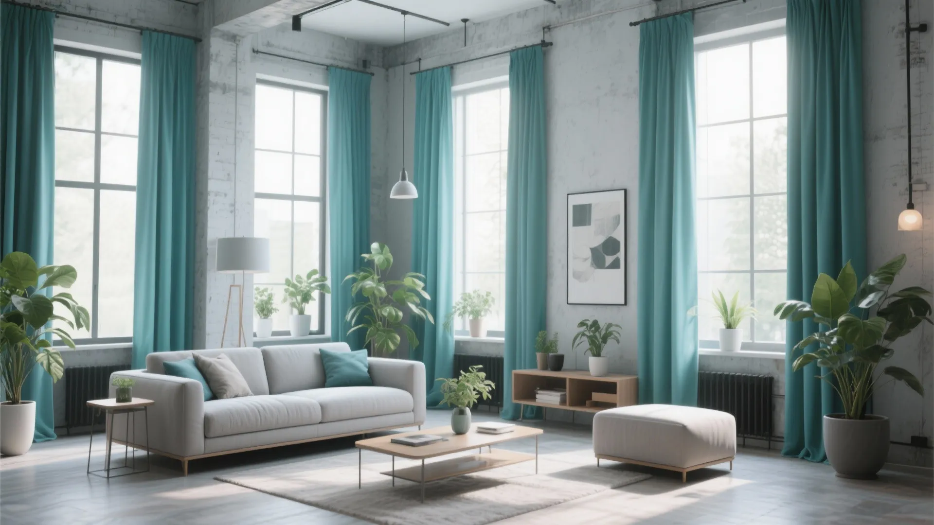 Grey living room with large teal curtains framing windows