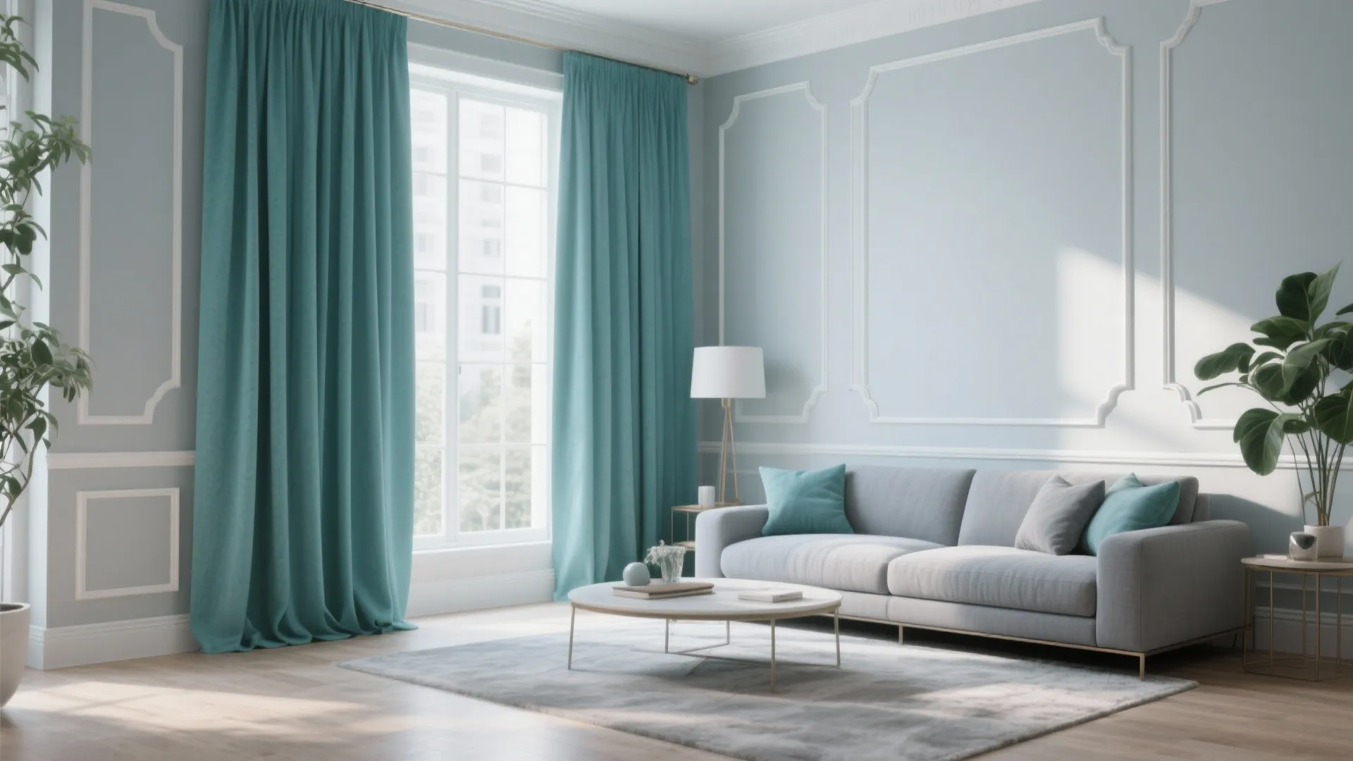 8. Teal Curtains Against Grey Walls