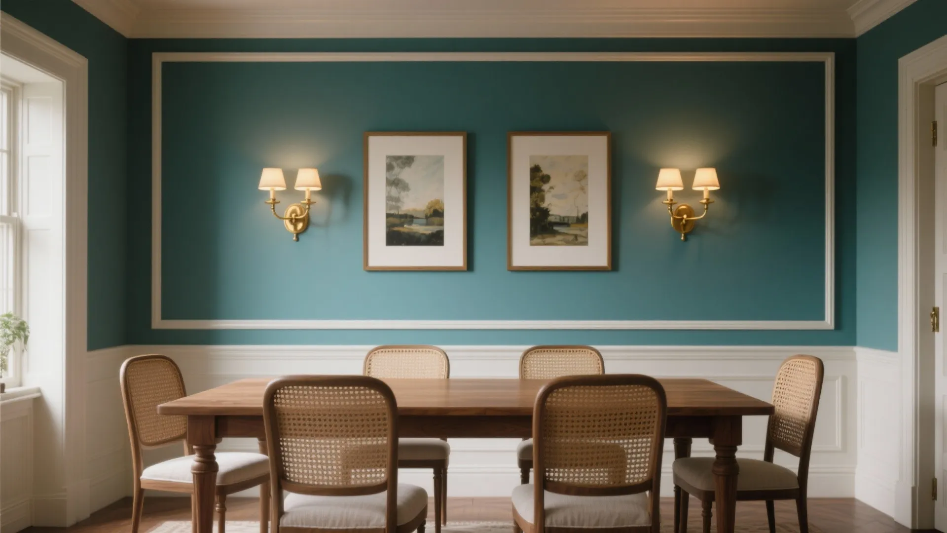 Teal dining room with white wall panels wooden table framed pictures and gold wall lights