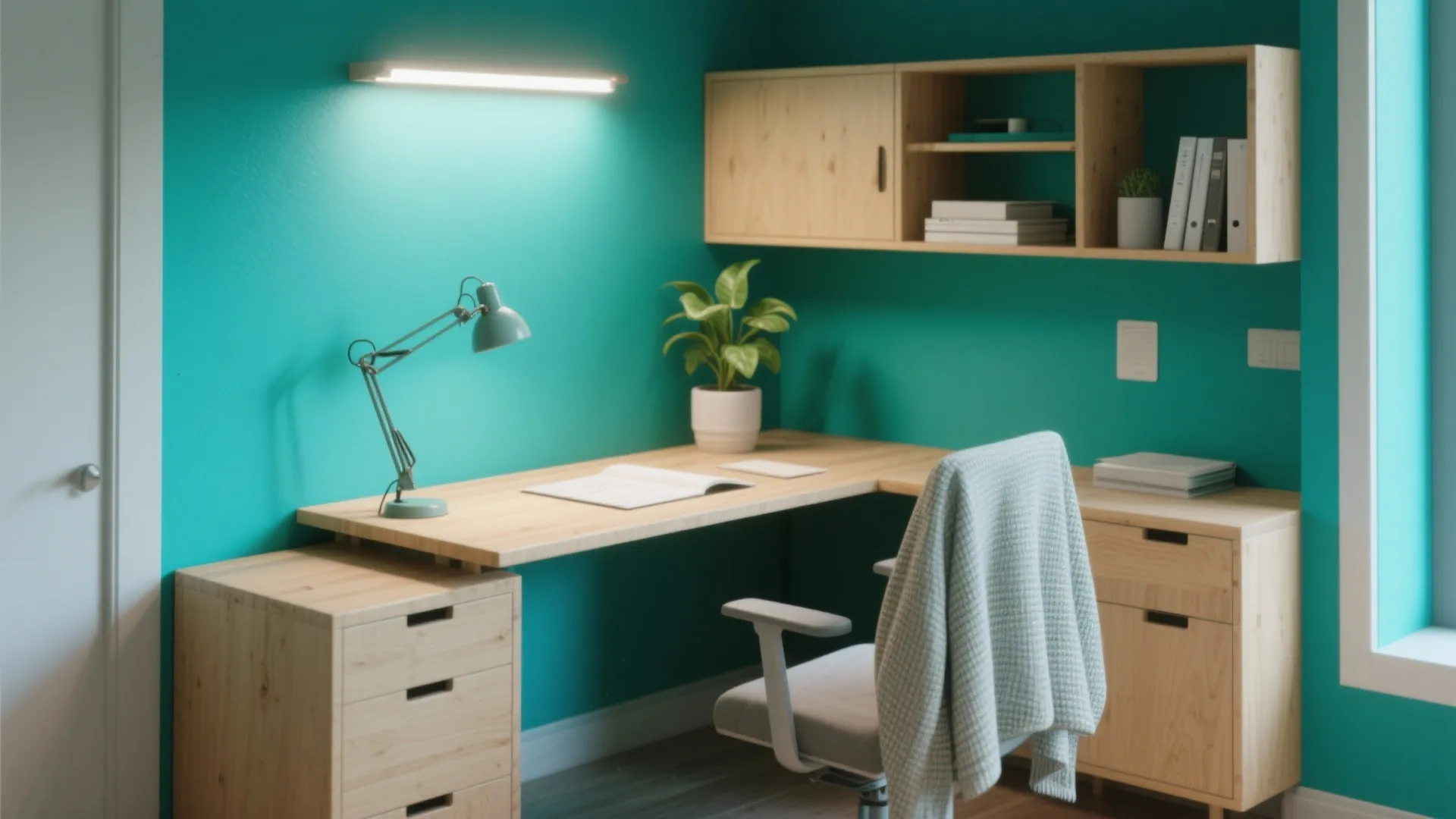 Wooden L-shaped desk in a teal room with wall light, desk lamp, plant, and cabinet
