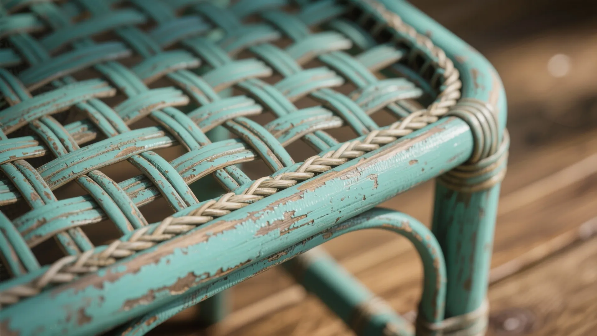 Vintage teal painted rattan with worn edges