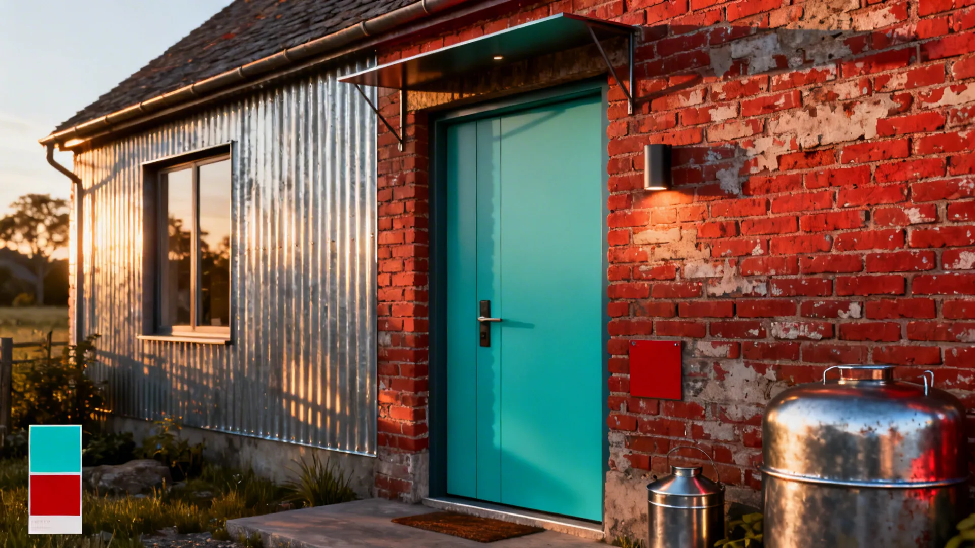 Teal front door on a renovated red brick farmhouse with metal accents.