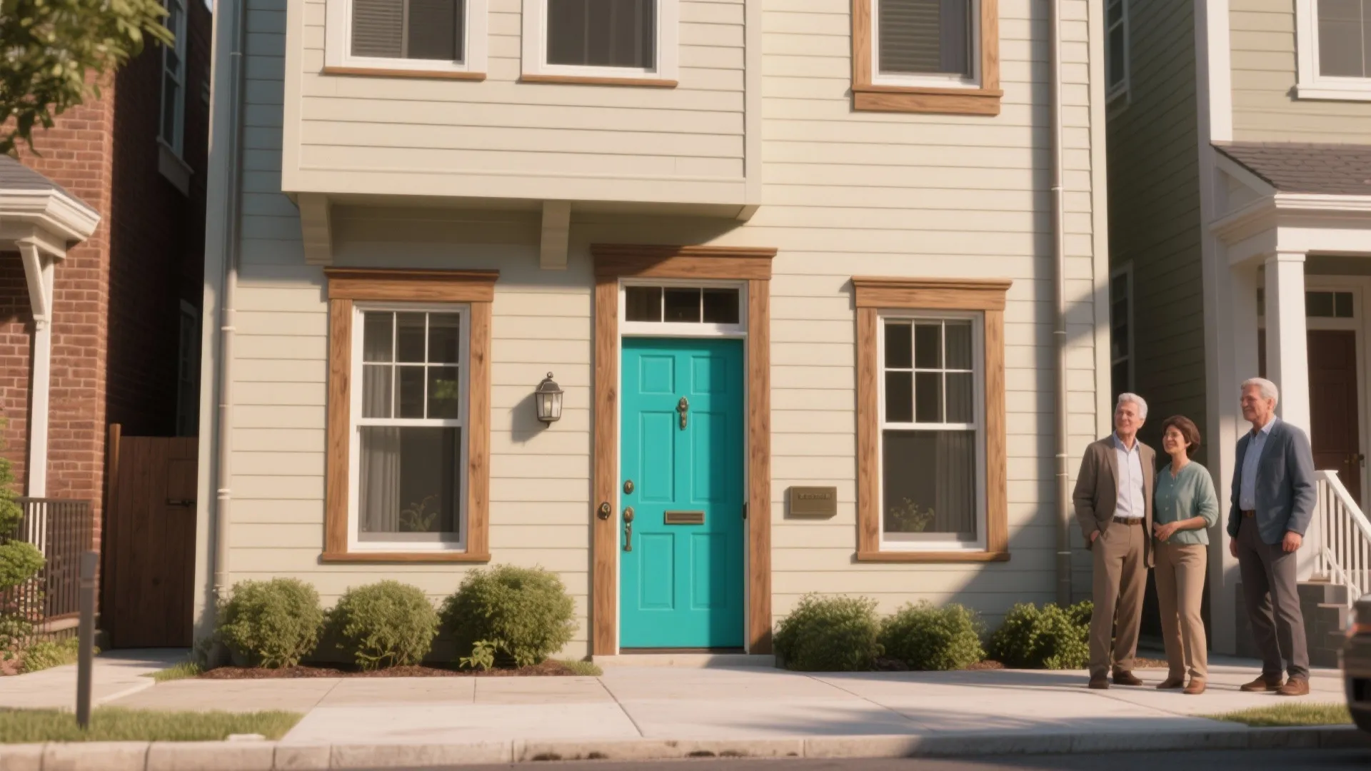Bright teal front door on a cream house with three people standing on the sidewalk