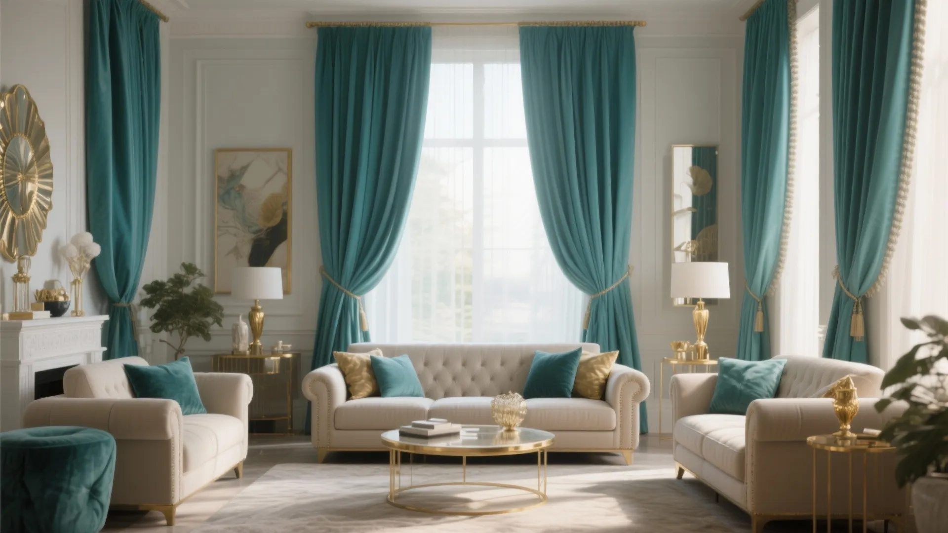 Elegant living room with tall teal curtains and neutral furniture