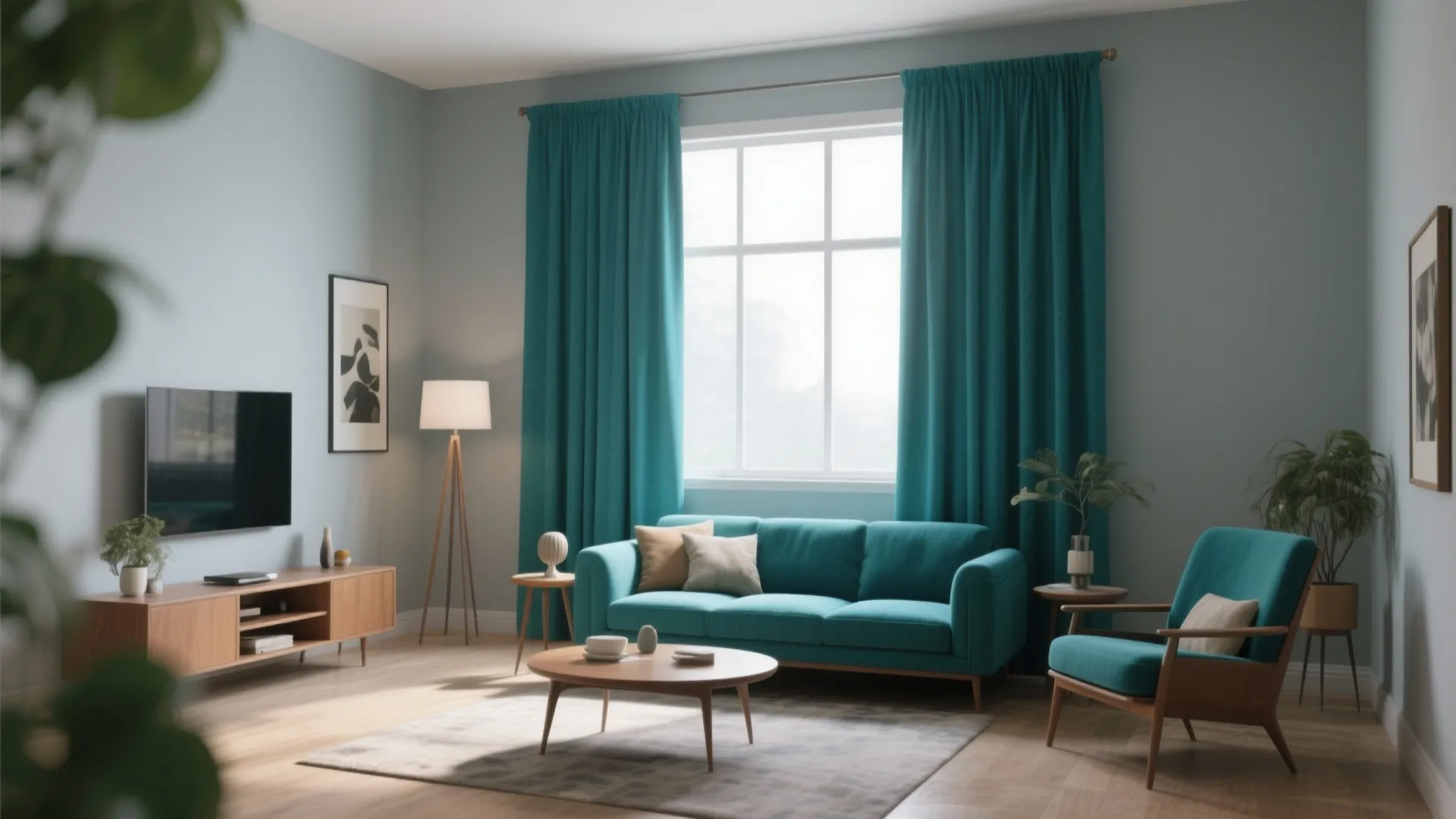 Modern living room with teal curtains blue sofa wooden coffee table floor lamp and television