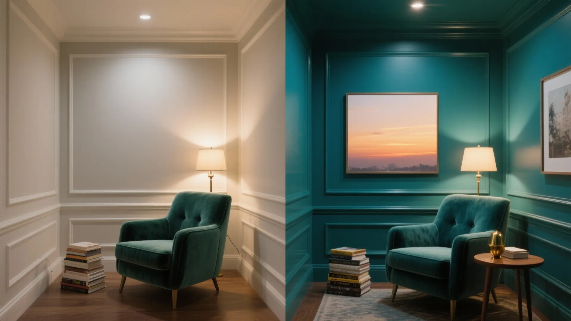 Before and after room comparison showing white wall panel versus dark blue paint with sofa