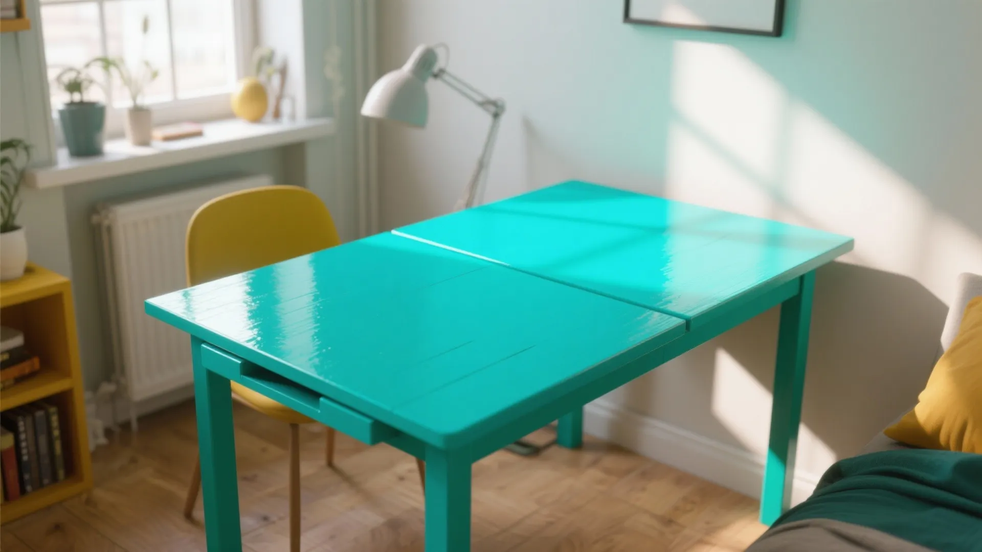 Bold teal painted drop leaf table in small apartment