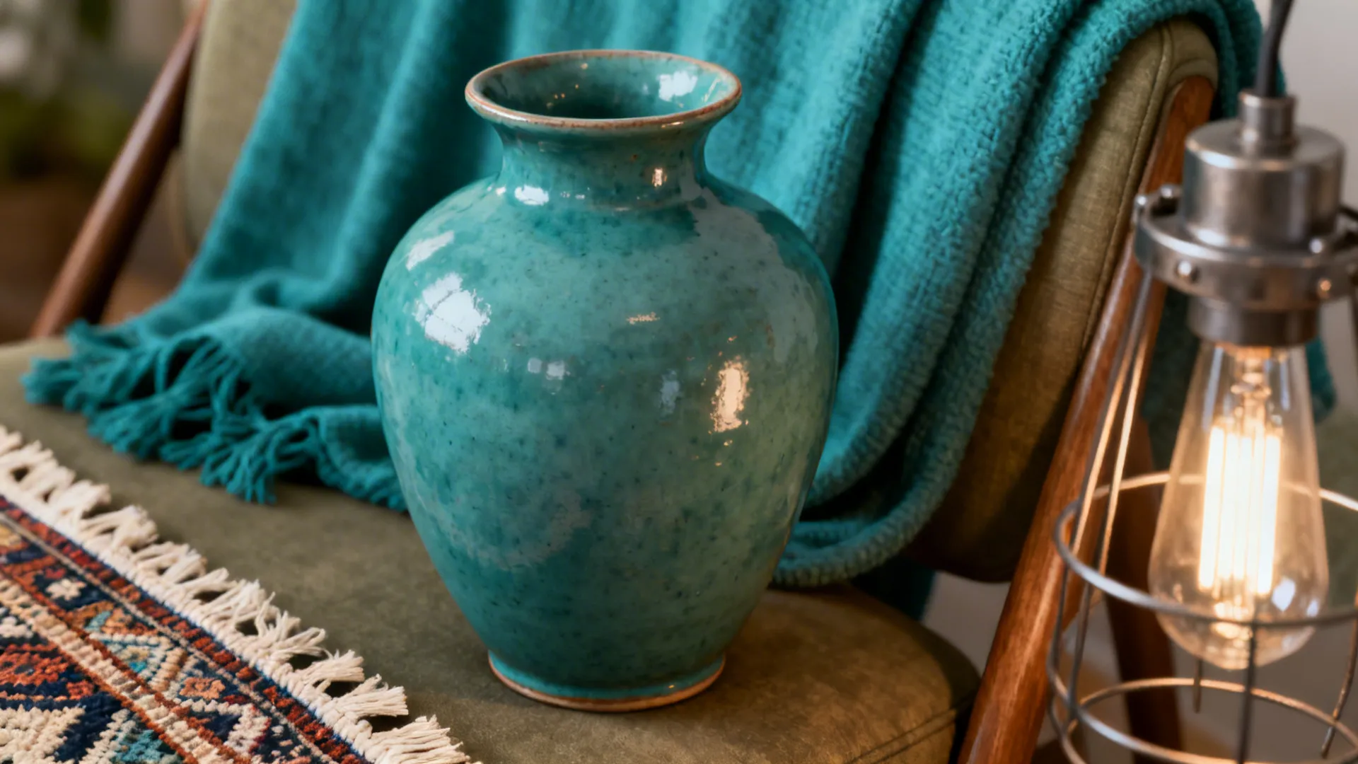 Close-up of teal accents in an eclectic room: ceramics, throw and mixed textures.