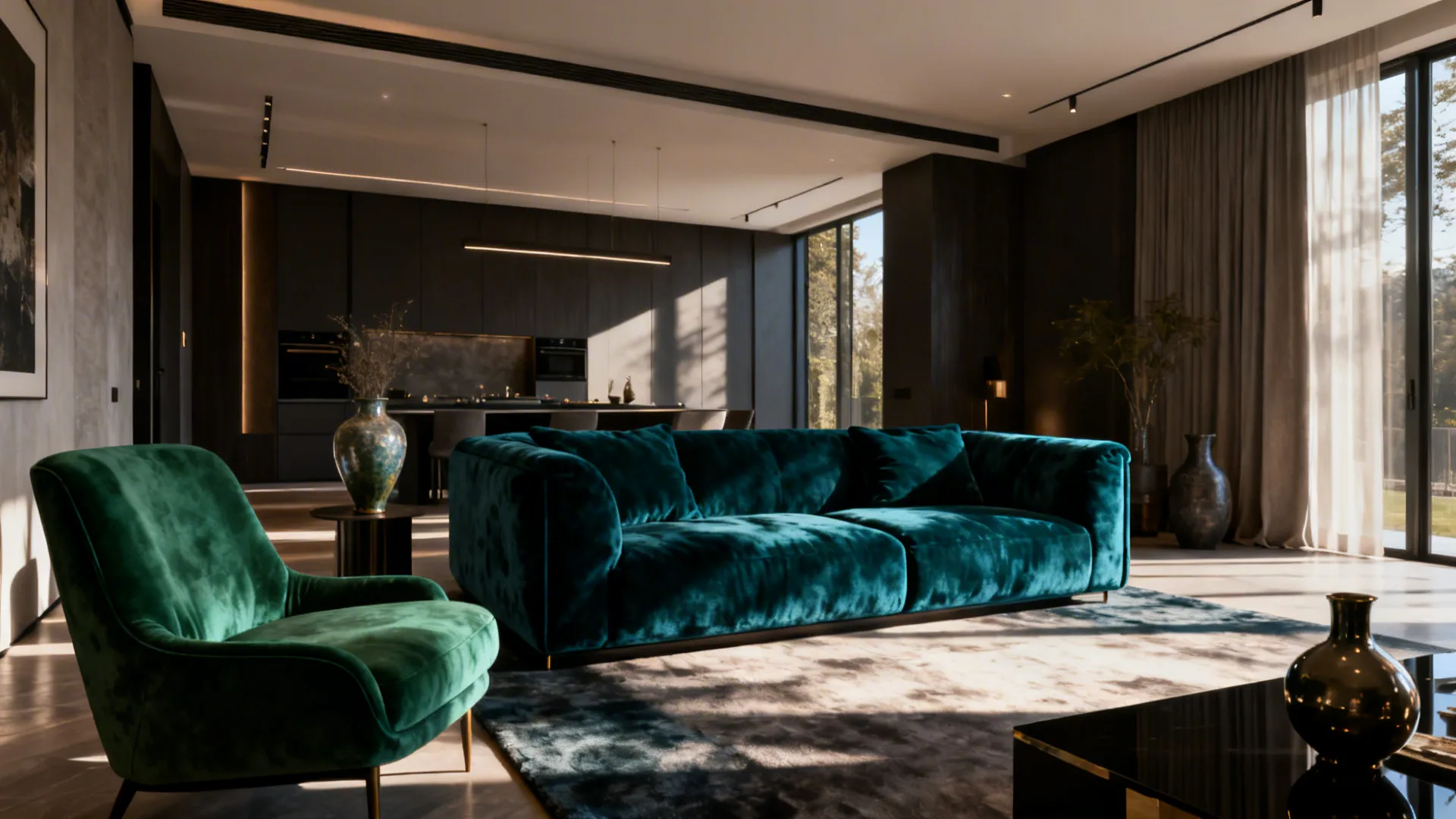 Open-plan living area with a deep teal velvet sofa and emerald green accessories