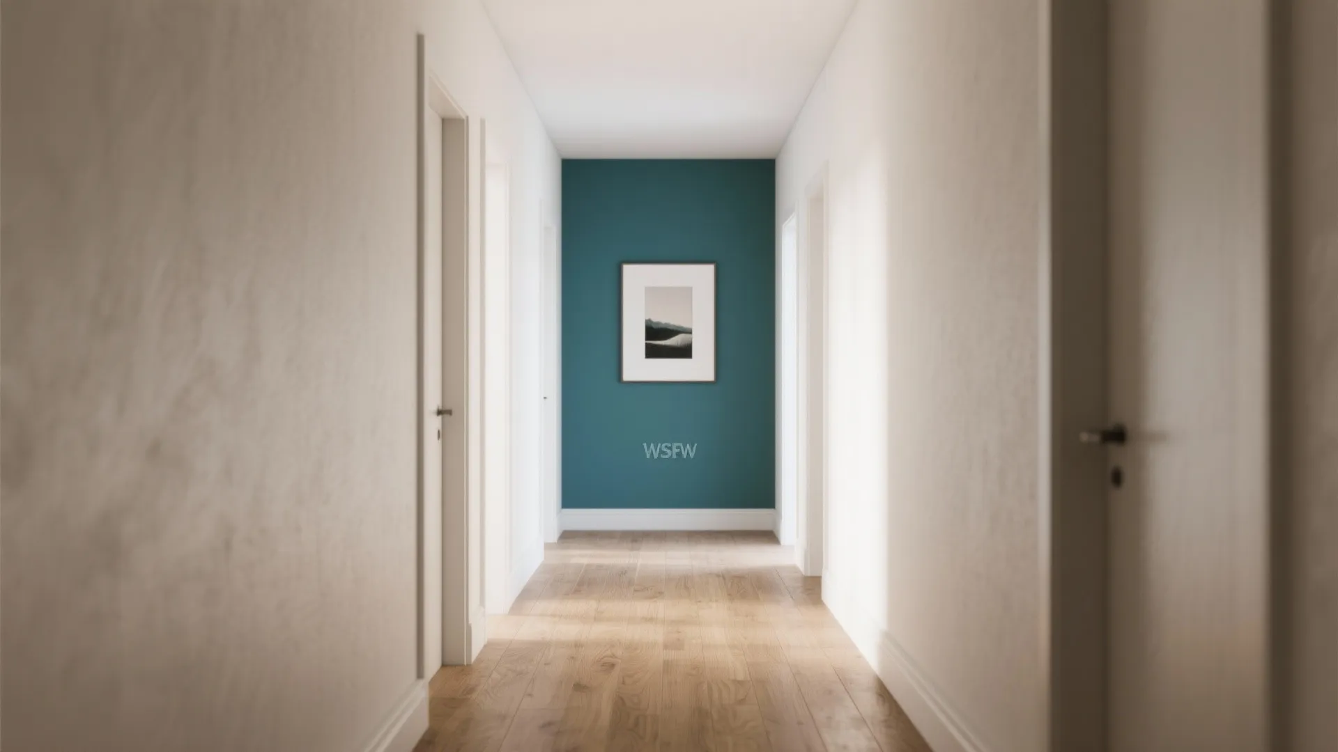 Modern white hallway leading to a teal feature wall decorated with a framed picture display