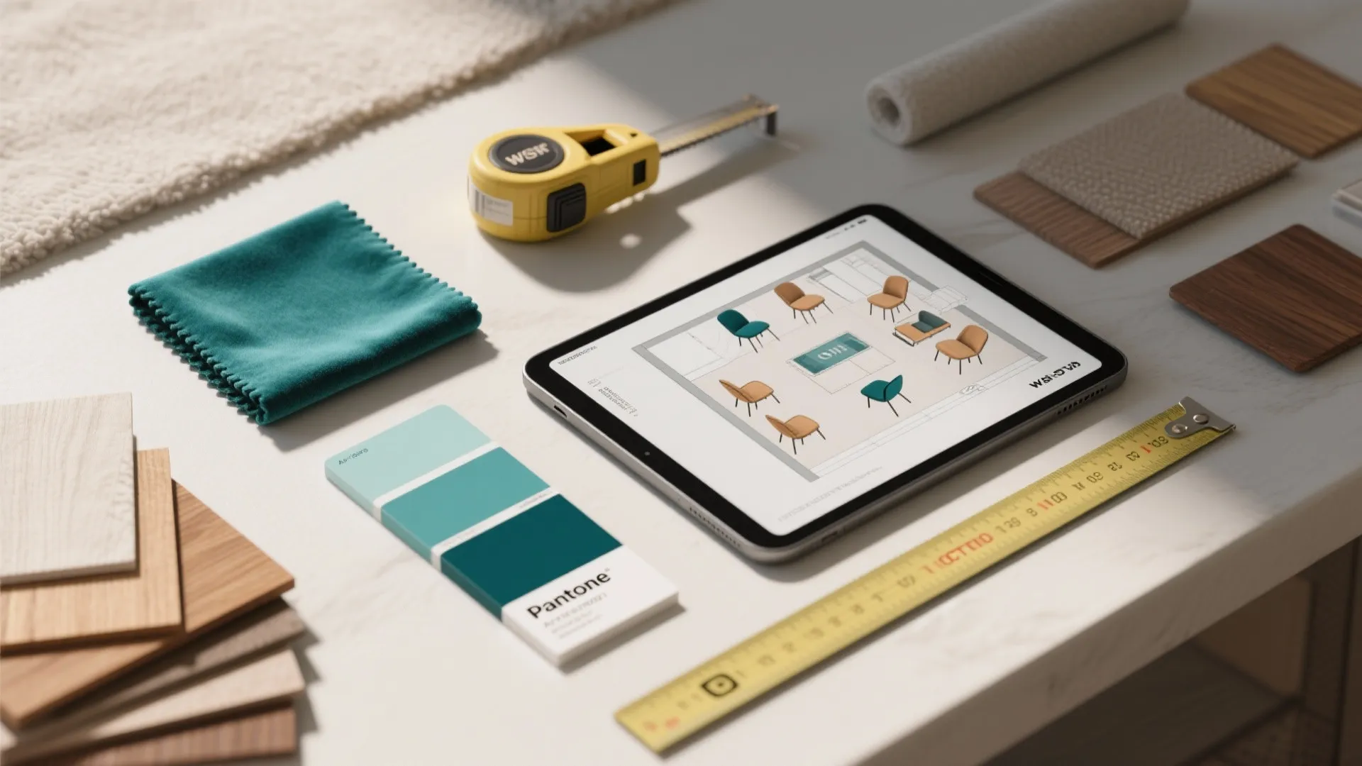 Tablet showing room layout design surrounded by wood samples color swatches and yellow measuring tape