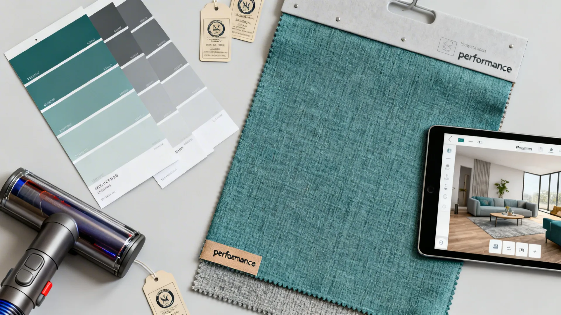 Flatlay of paint swatches, upholstery sample and a tablet showing a 3D room planner for teal decisions.
