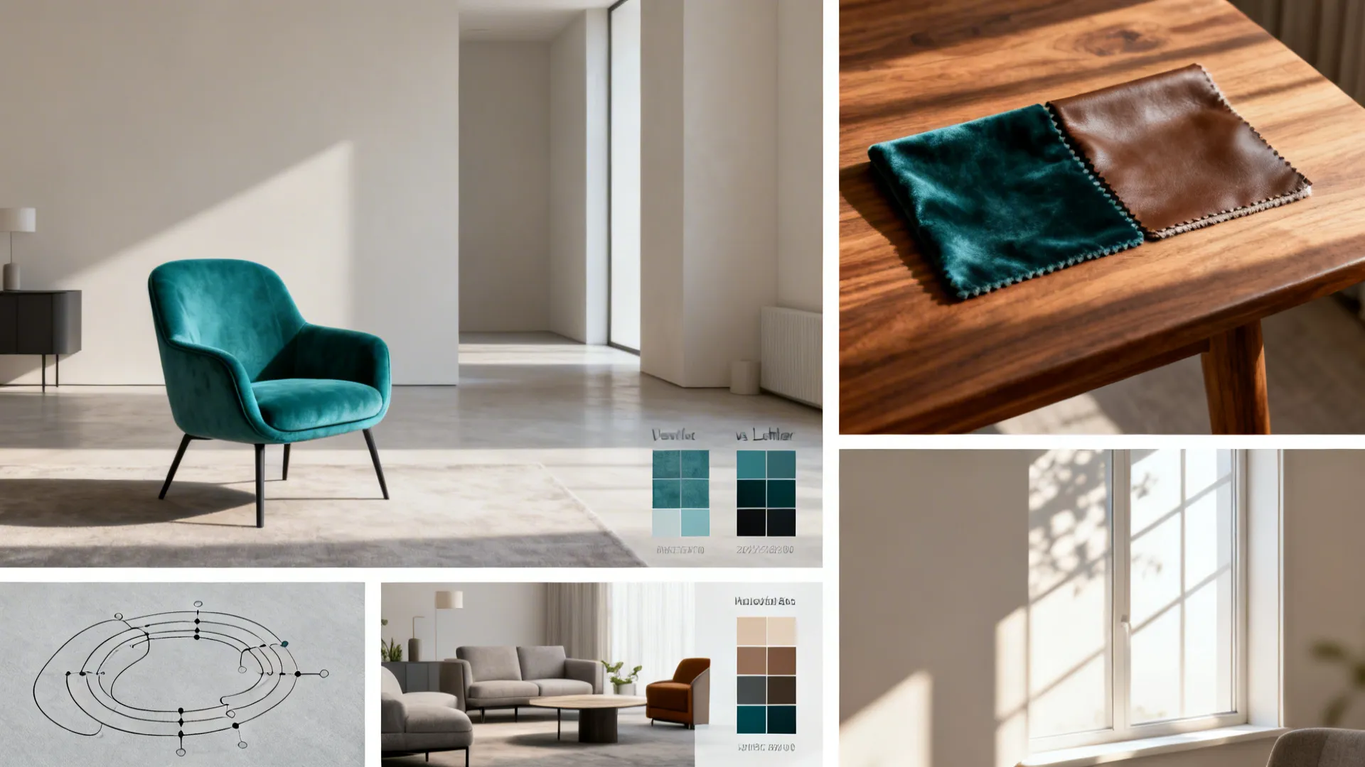 Composite infographic-style image showing teal chair use cases, fabric comparisons, and circulation diagrams.