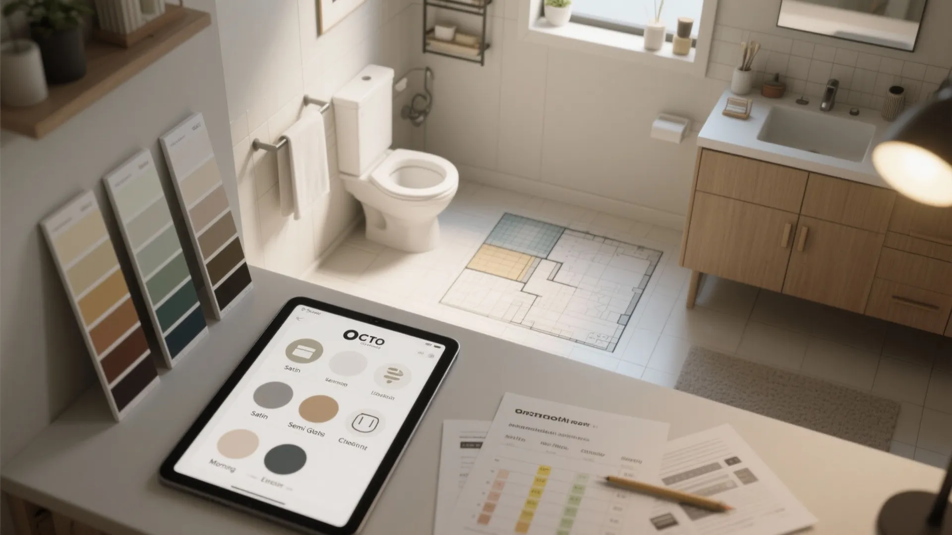Bathroom interior design drawing on floor tiles with tablet showing color palette and planning tools