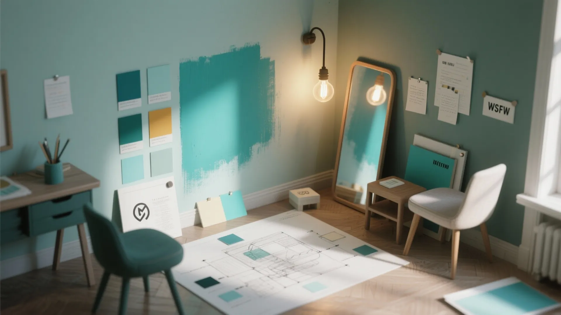 Top-down view showing paint sample patches, bulbs, mirror and layout sketch illustrating how to test teal undertones.