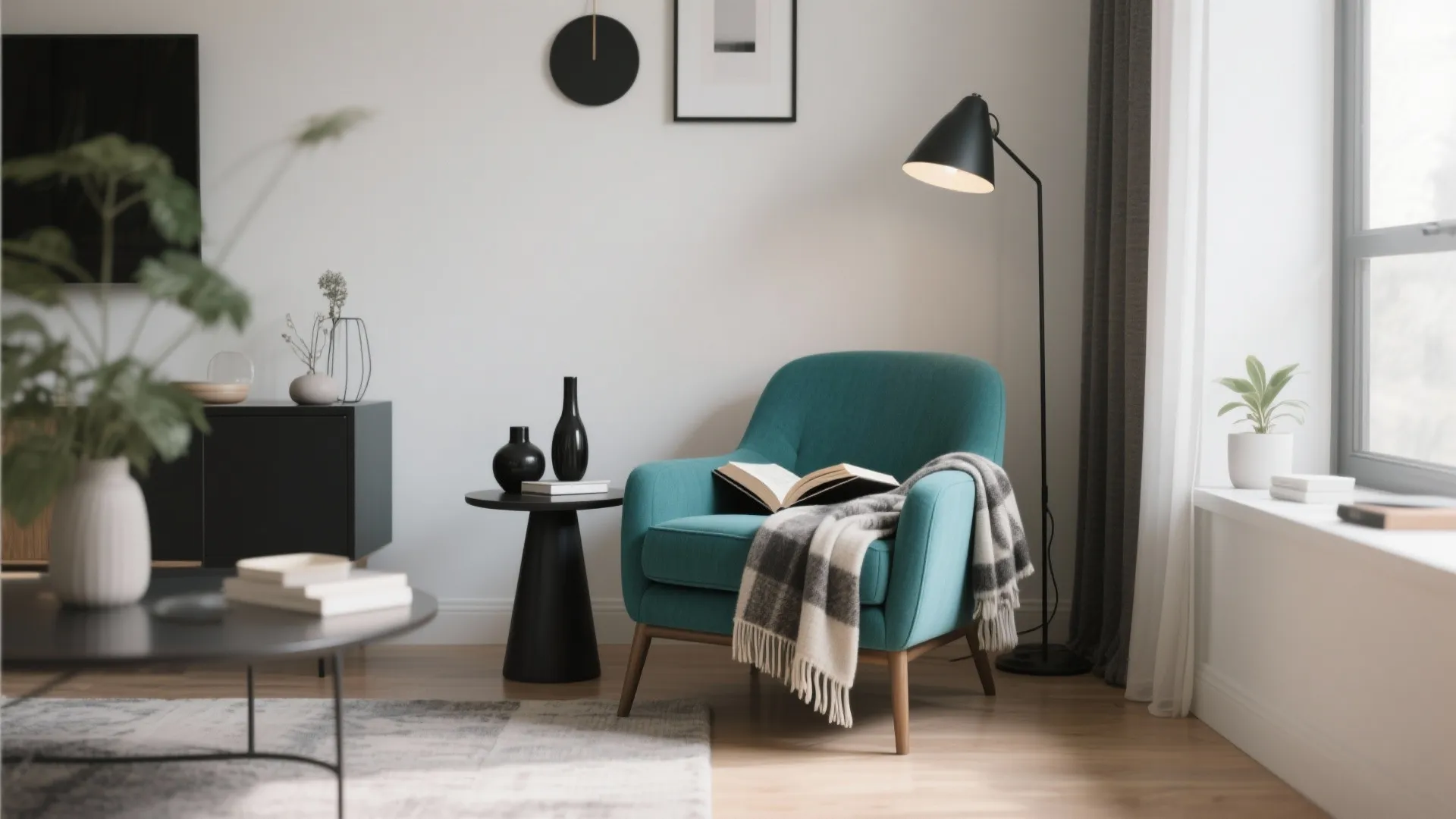 Teal armchair with blanket and open book near black floor lamp in a white room