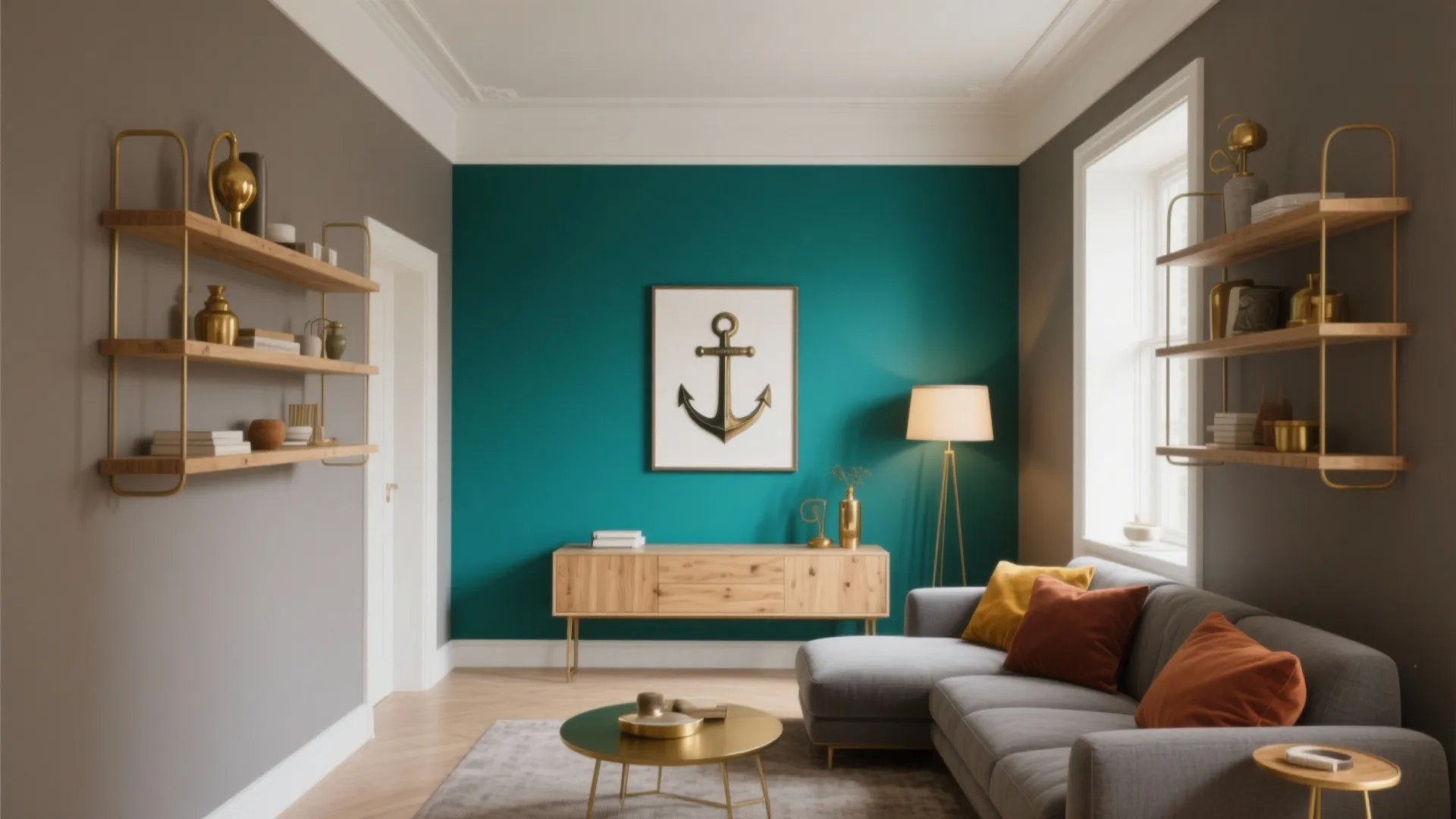 Modern small living room with a teal feature wall, warm gray surrounds, oak shelving, and brass accents for balance.