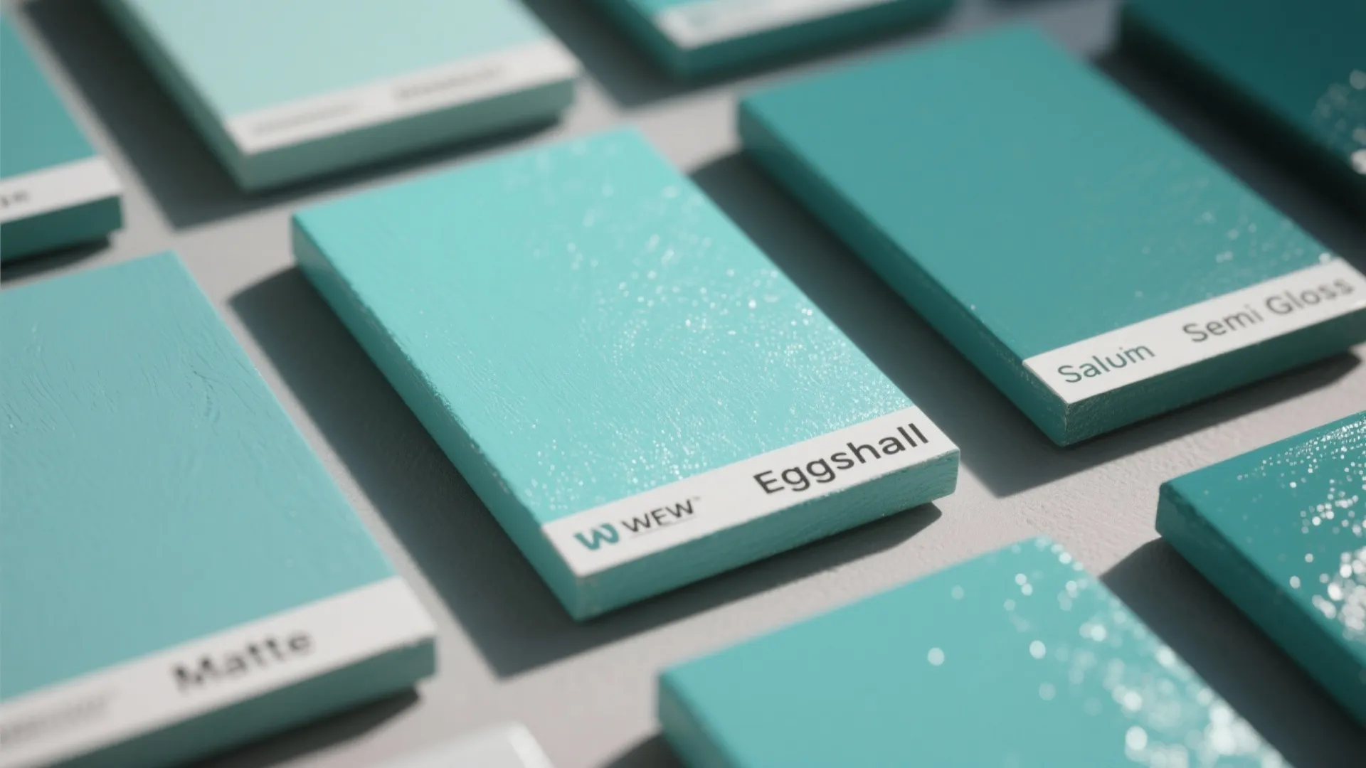 Macro view of teal paint finish samples showing matte, eggshell and semi-gloss sheens.