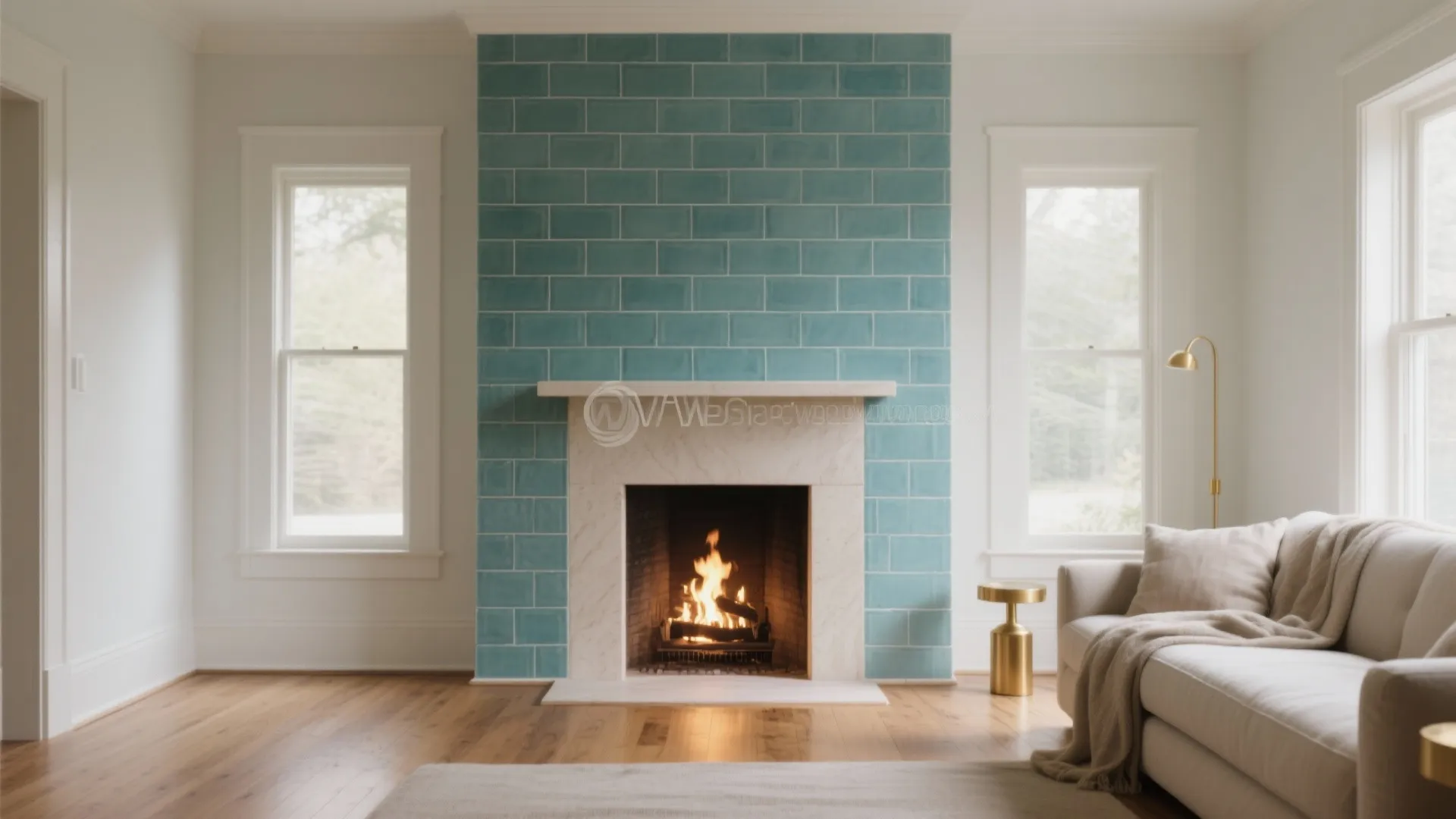Teal Subway Tile Fireplace Surround