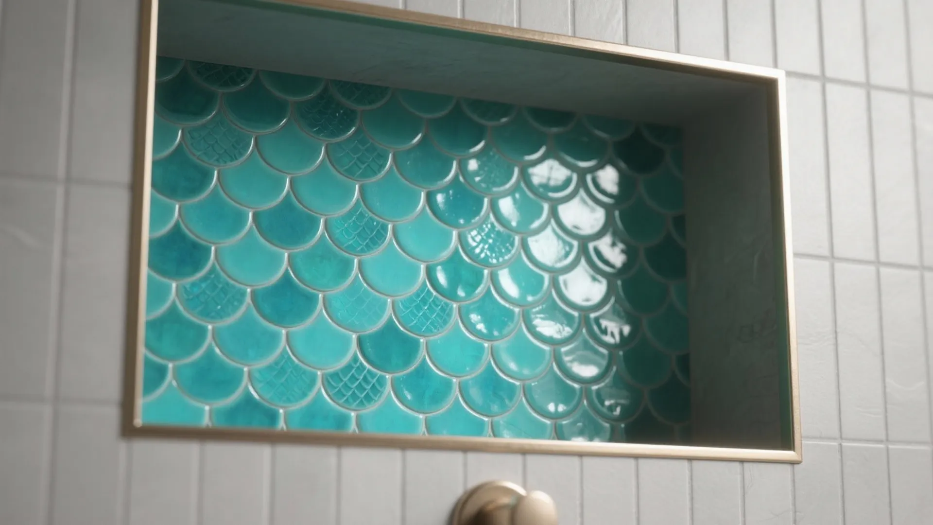 Glossy teal fish-scale tile detail in a recessed shower niche with slim trim.
