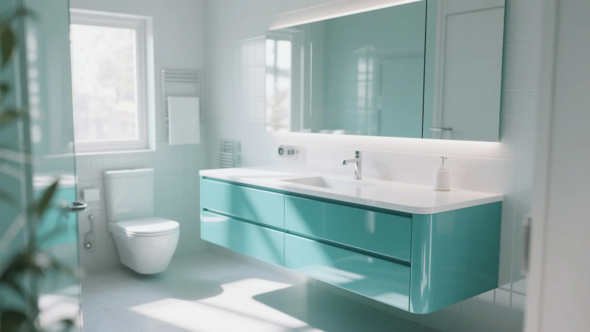 3. Glossy Teal Floating Vanity to Bounce Light