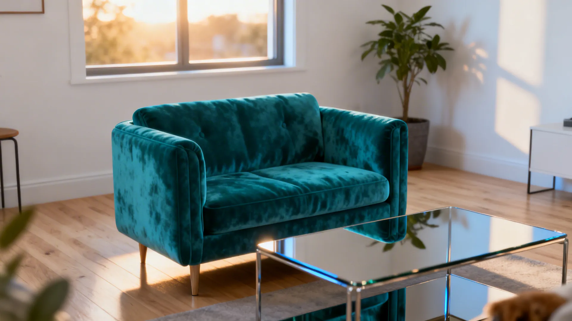 Compact teal loveseat as the focal point with a mirrored coffee table in a small living room
