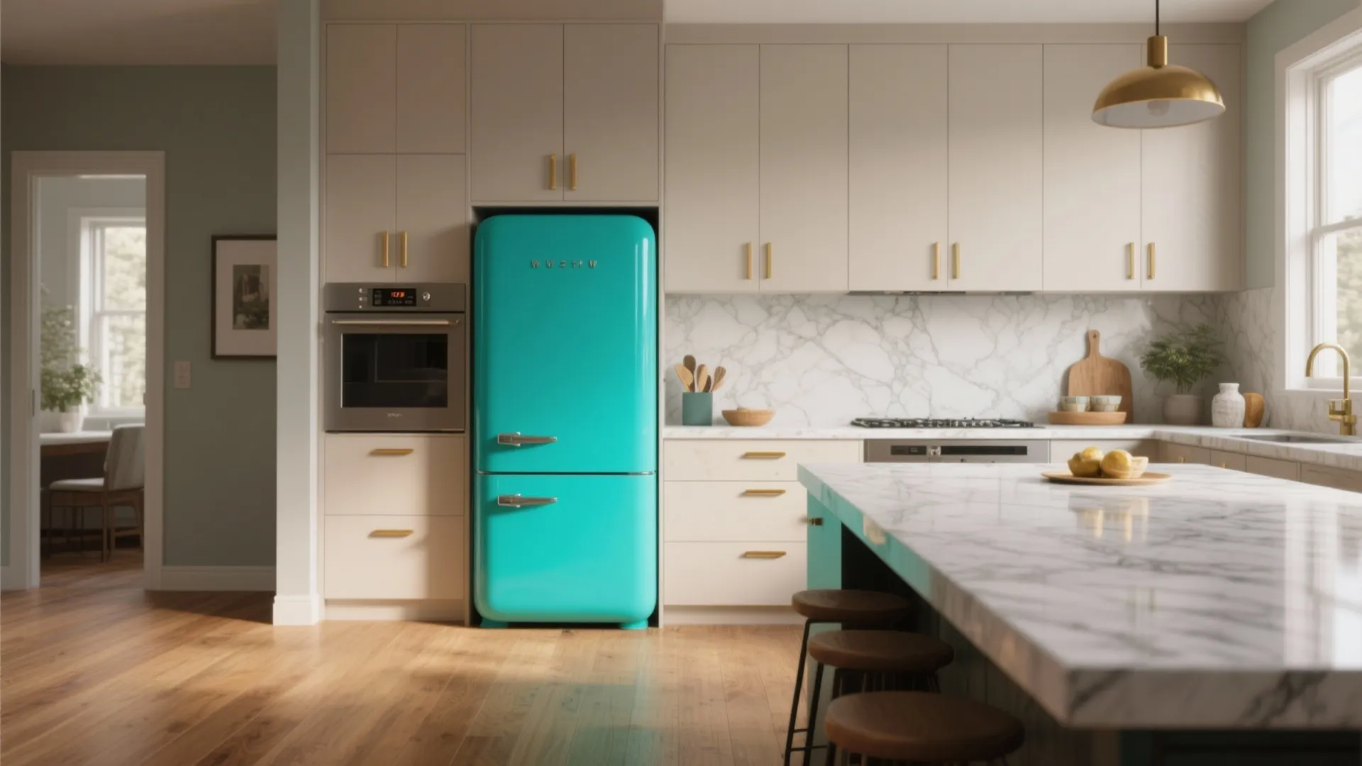 Contemporary kitchen with a teal freestanding fridge used as a colorful accent against neutral cabinets.