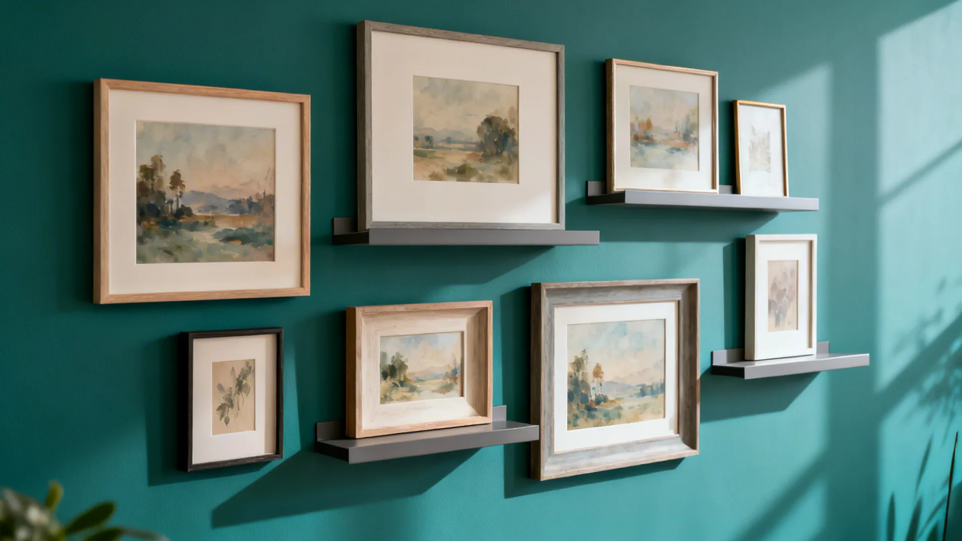 Curated gallery wall on a teal accent background with floating shelves and mixed frames.