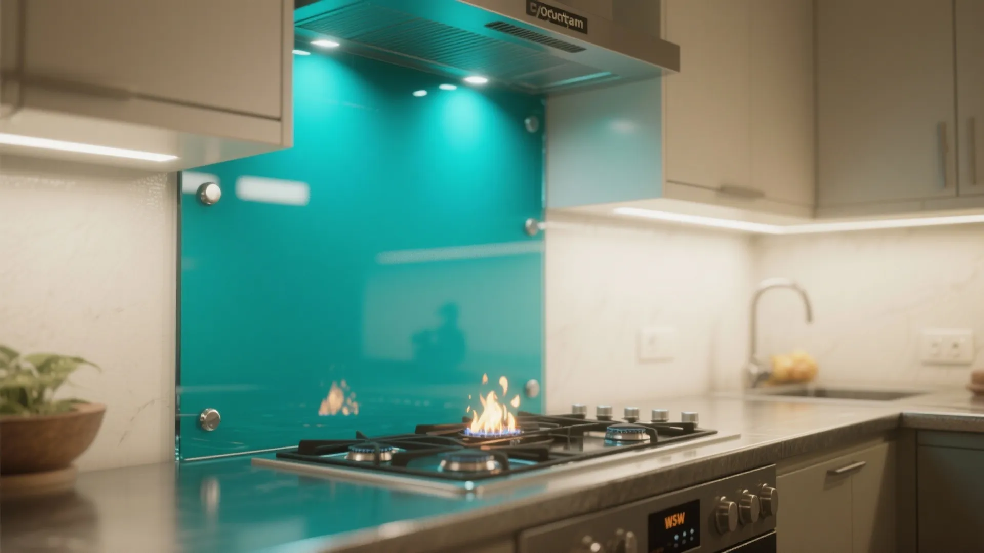 Deep teal back-painted tempered glass backsplash mounted behind a stove in a compact kitchen.