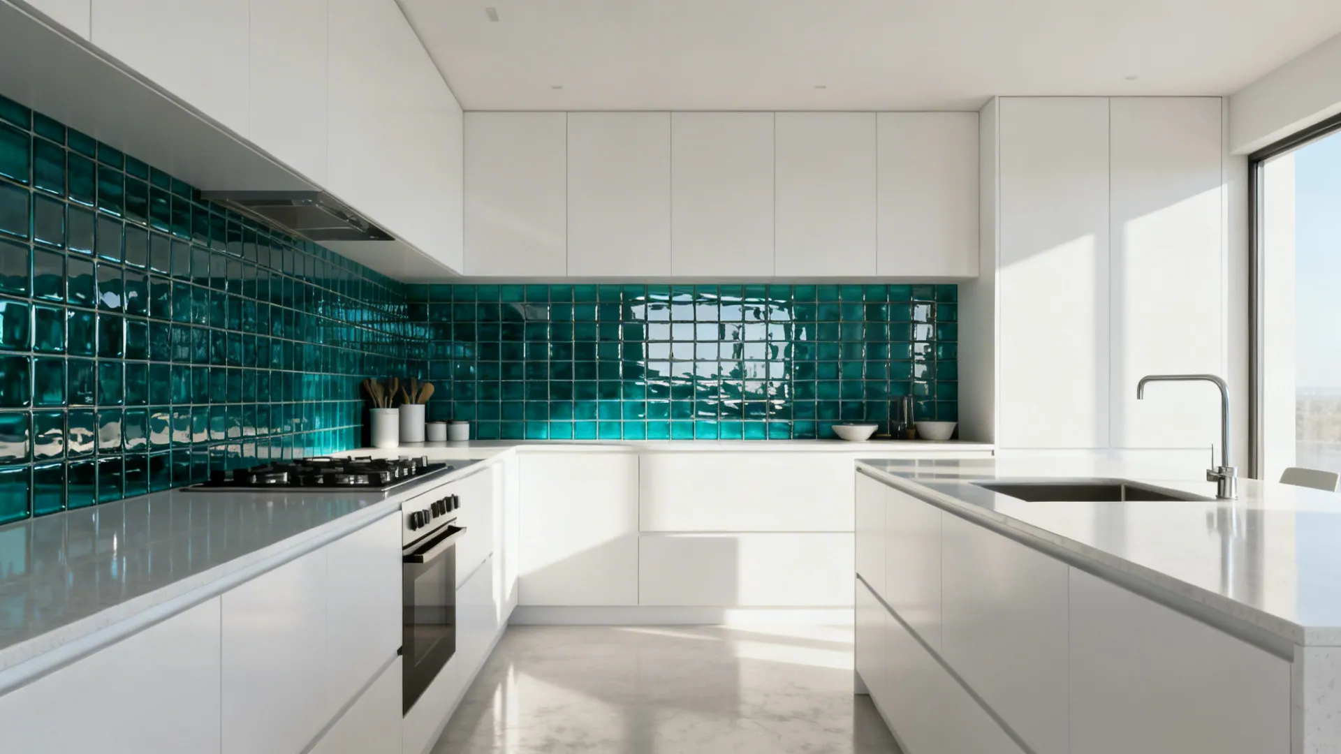 White galley kitchen with a deep teal glass tile accent strip behind the range
