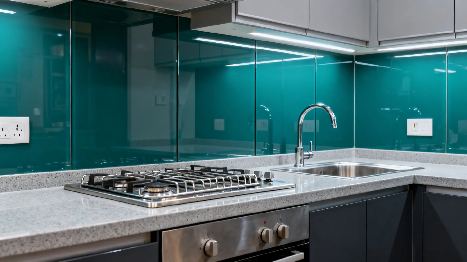 Teal back-painted tempered glass backsplash reflecting daylight in a small kitchen.