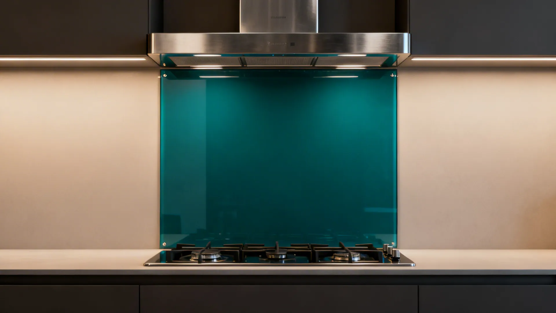 Modern kitchen with a deep teal tempered glass slab as the focal backsplash behind the cooktop.