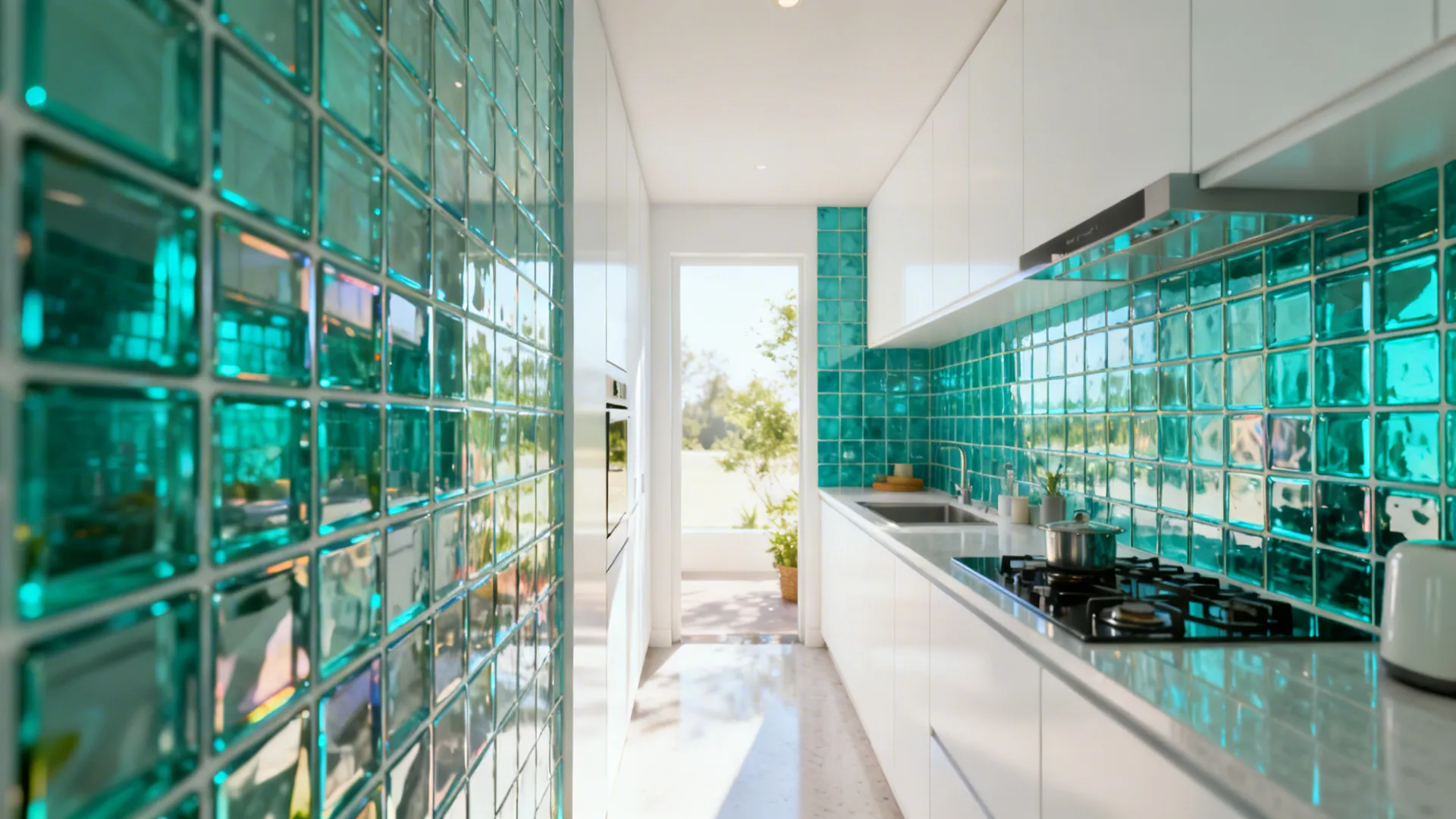 Galley kitchen with white cabinets and a teal glass tile backsplash strip reflecting light.