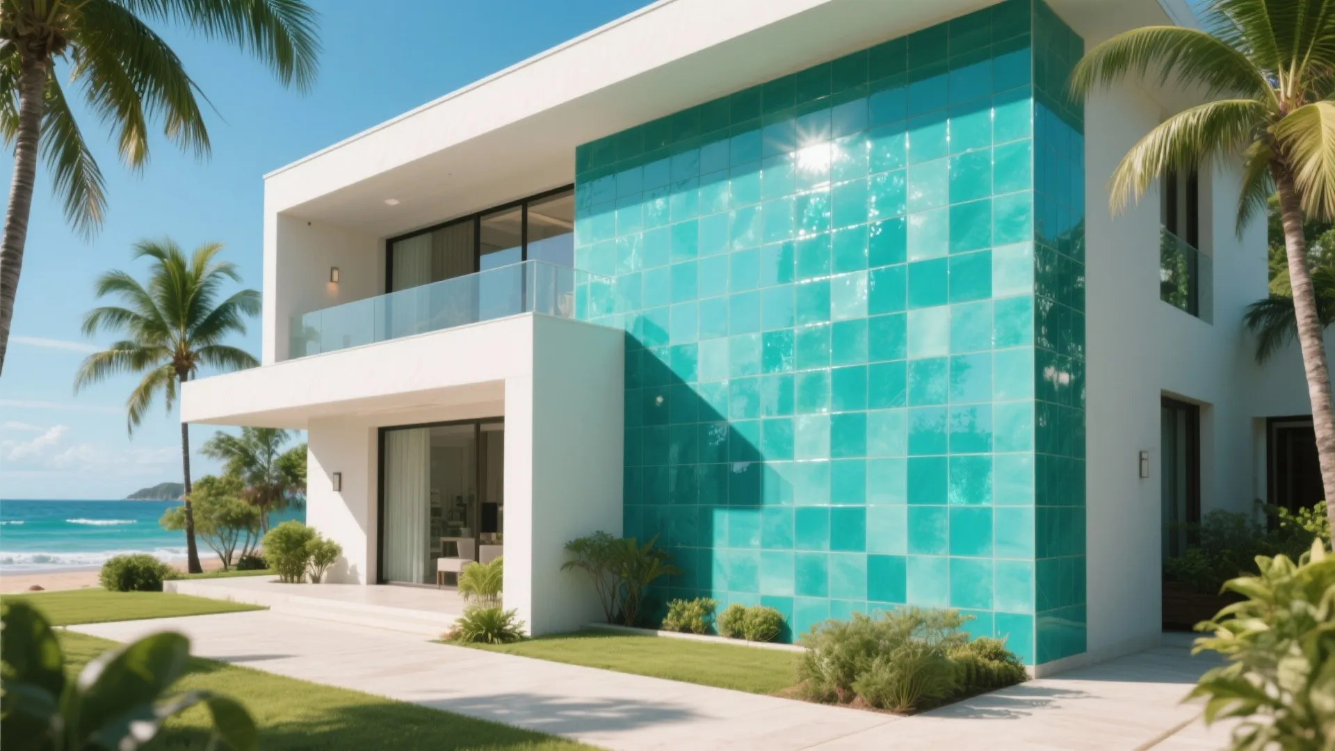 Modern white villa with bright teal wall tiles glass balcony and tropical palm trees by ocean