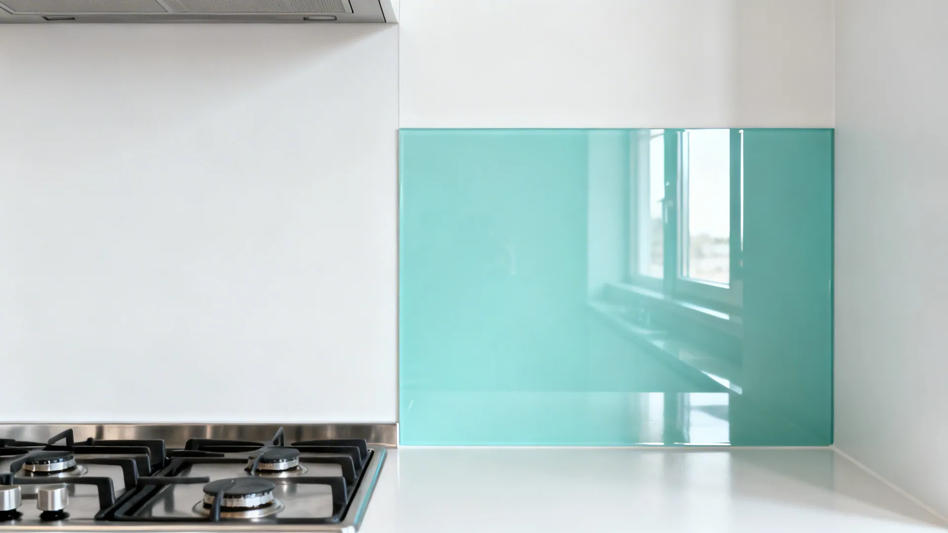 Modern white kitchen counter with gas stove and glossy teal glass wall panel for oil protection