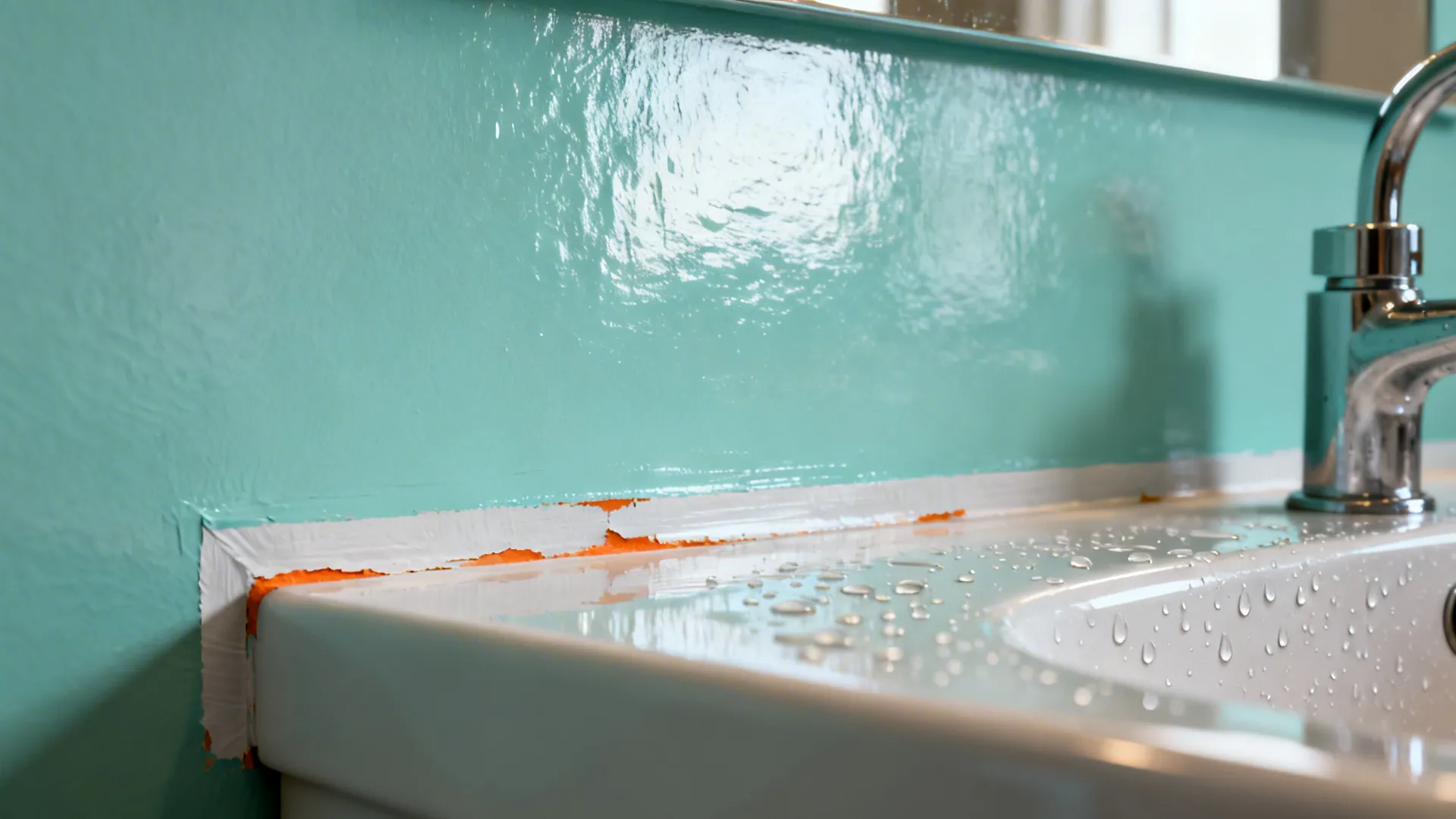 Close up view of peeling white paint between a teal wall and a white bathroom sink