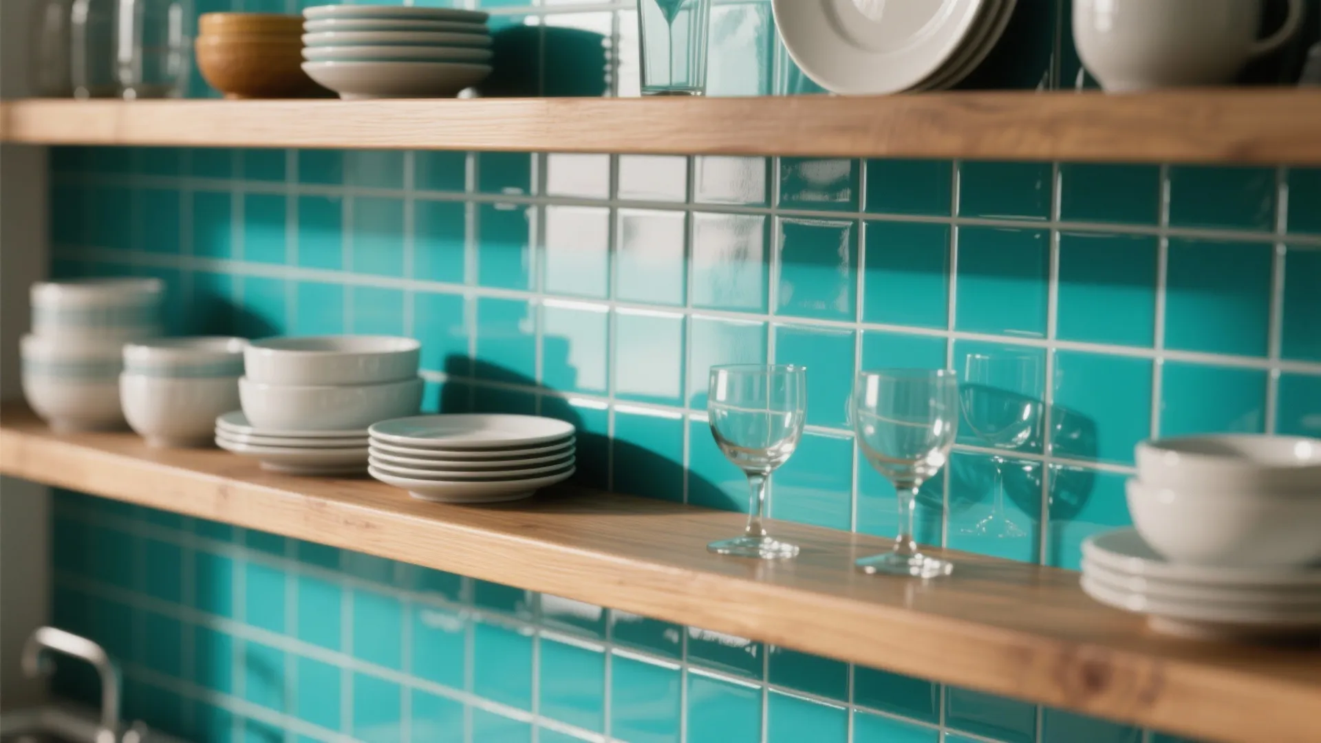 2. High-gloss color pop behind open shelves