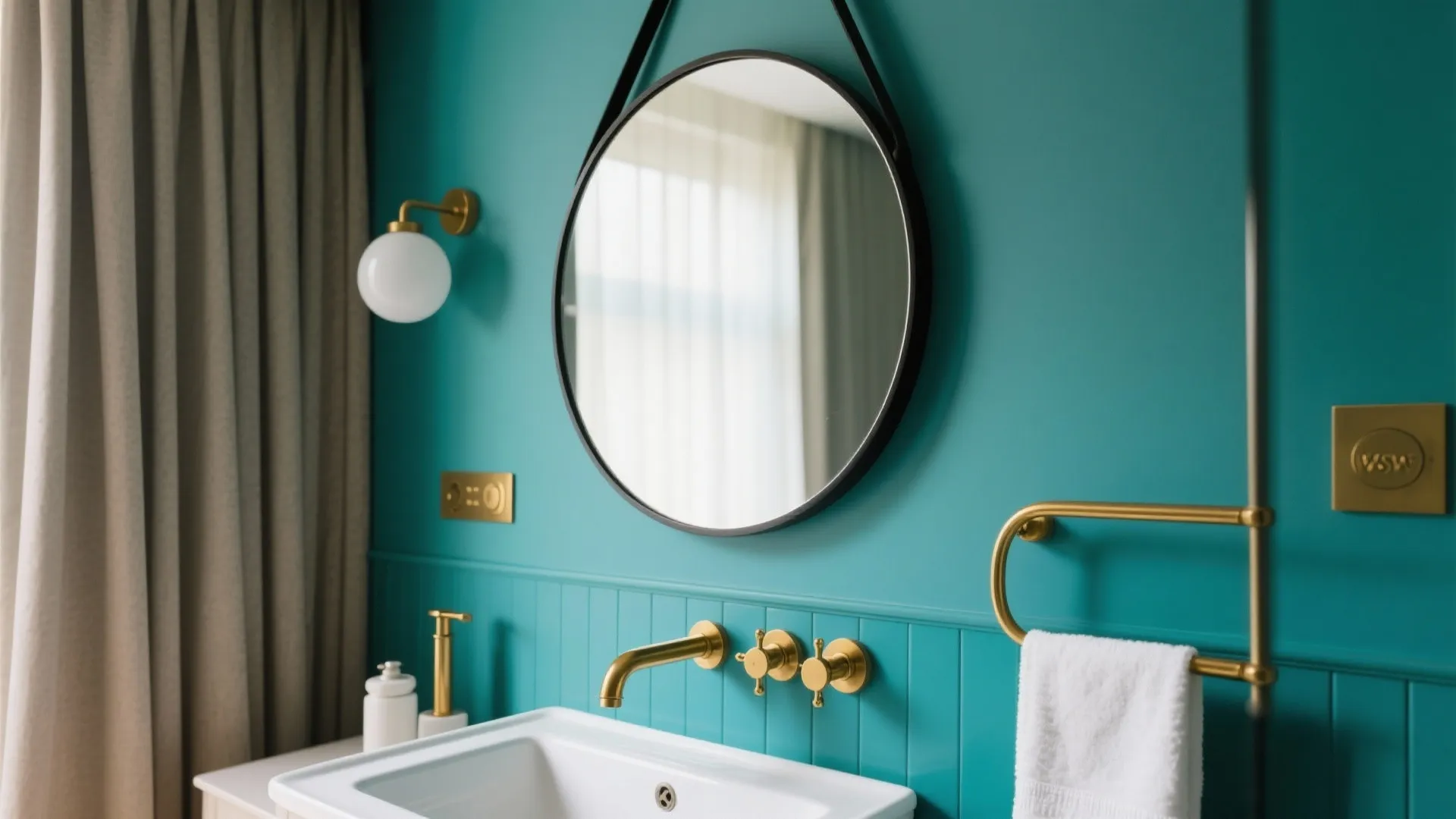 Teal bathroom wall with round mirror gold faucet gold wall light white sink and curtain