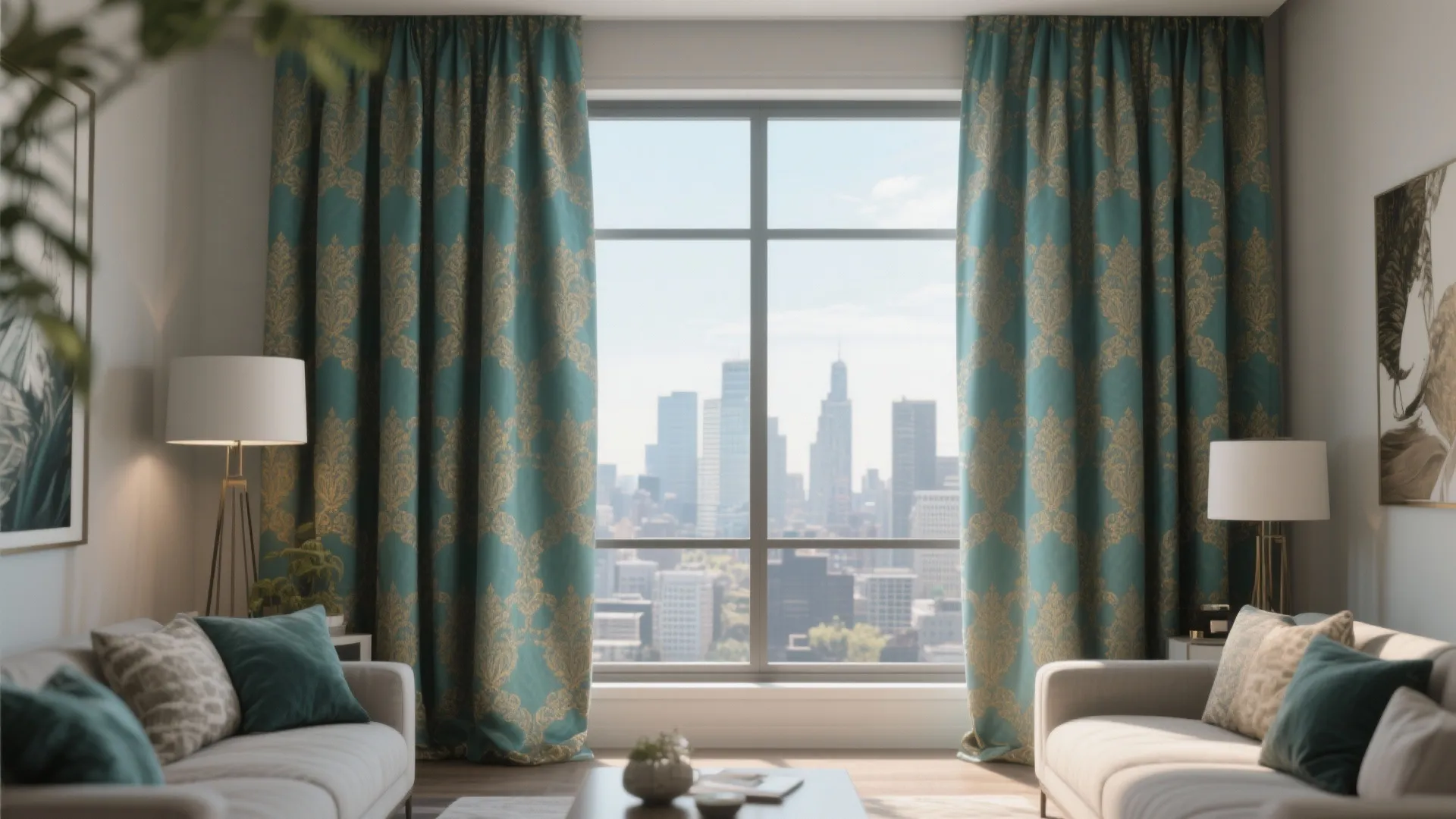 5. Patterned Teal and Gold Curtains