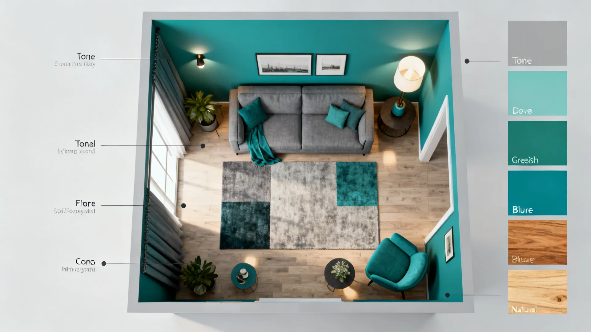 Top-down moodboard and quick layout mockup for teal-and-gray living room options