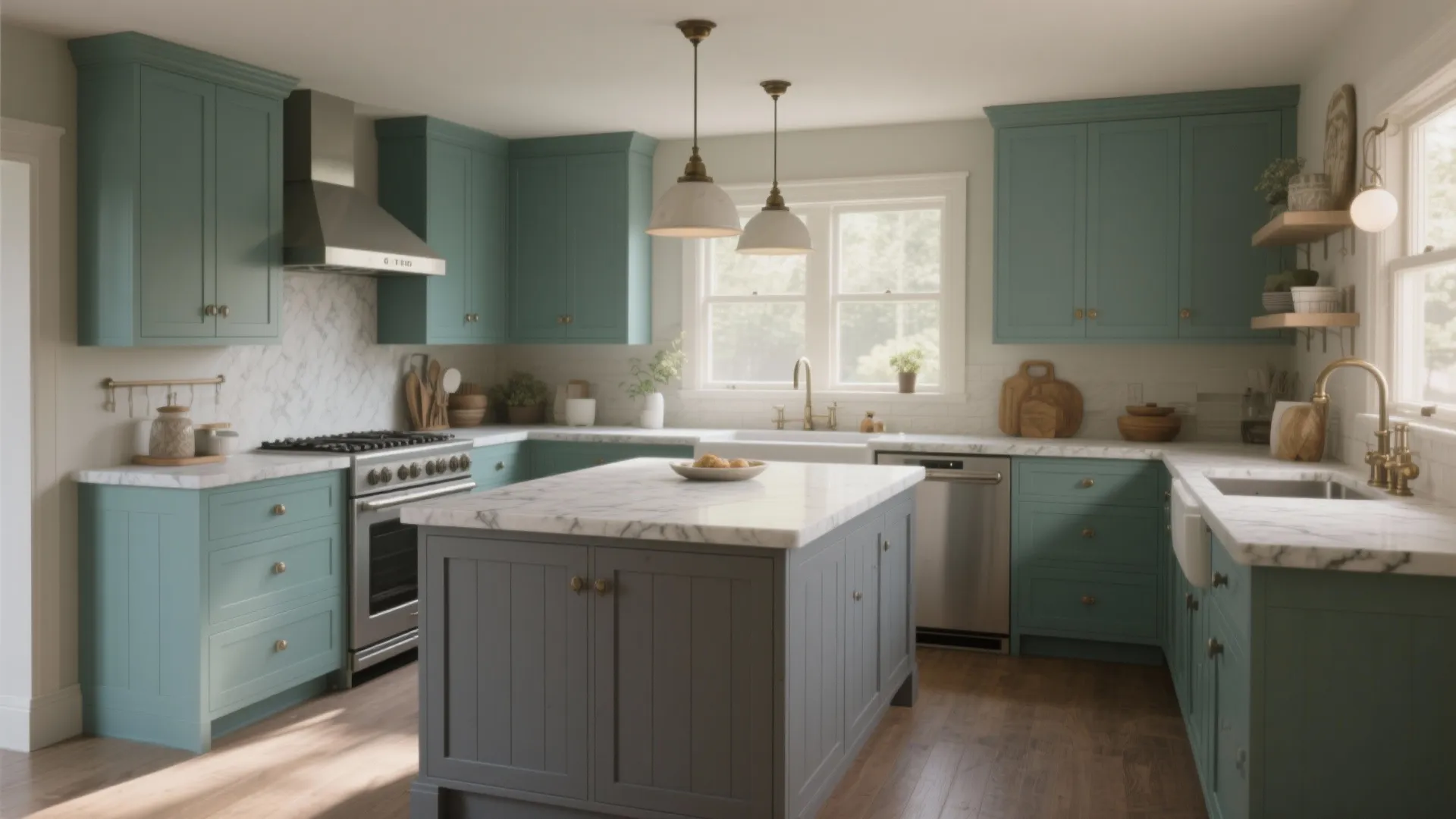 Modern kitchen with teal cabinets grey island white marble countertops gold faucet and ceiling light fixtures