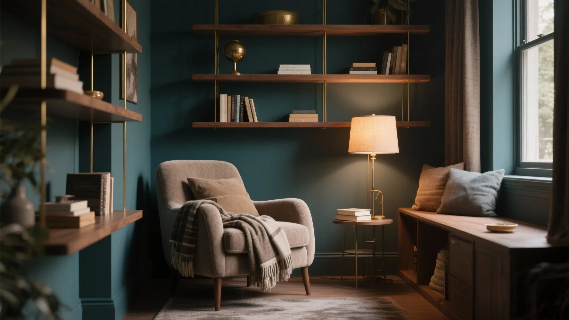 Cozy reading nook with beige armchair, dark teal walls, wooden shelves, floor lamp, and window