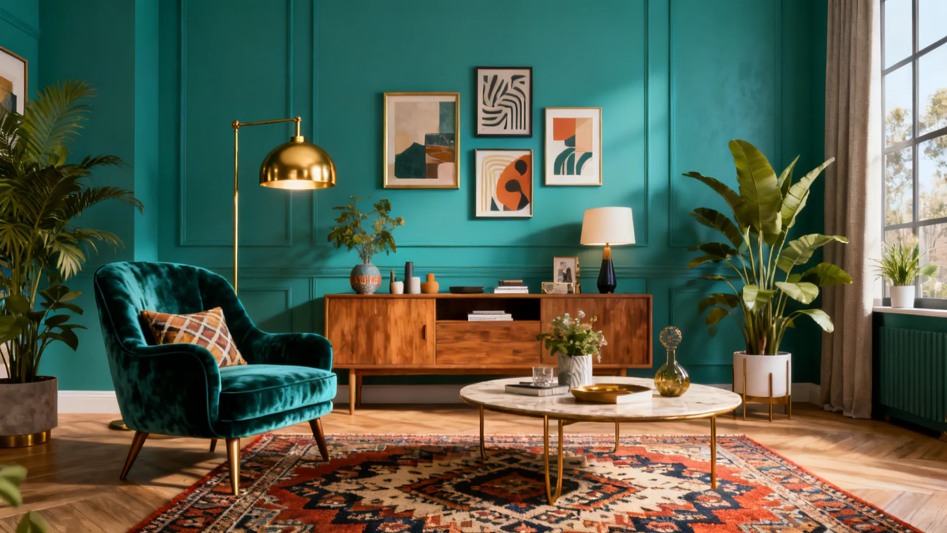 Eclectic living room with teal green-blue walls, mid-century furniture and patterned rug.