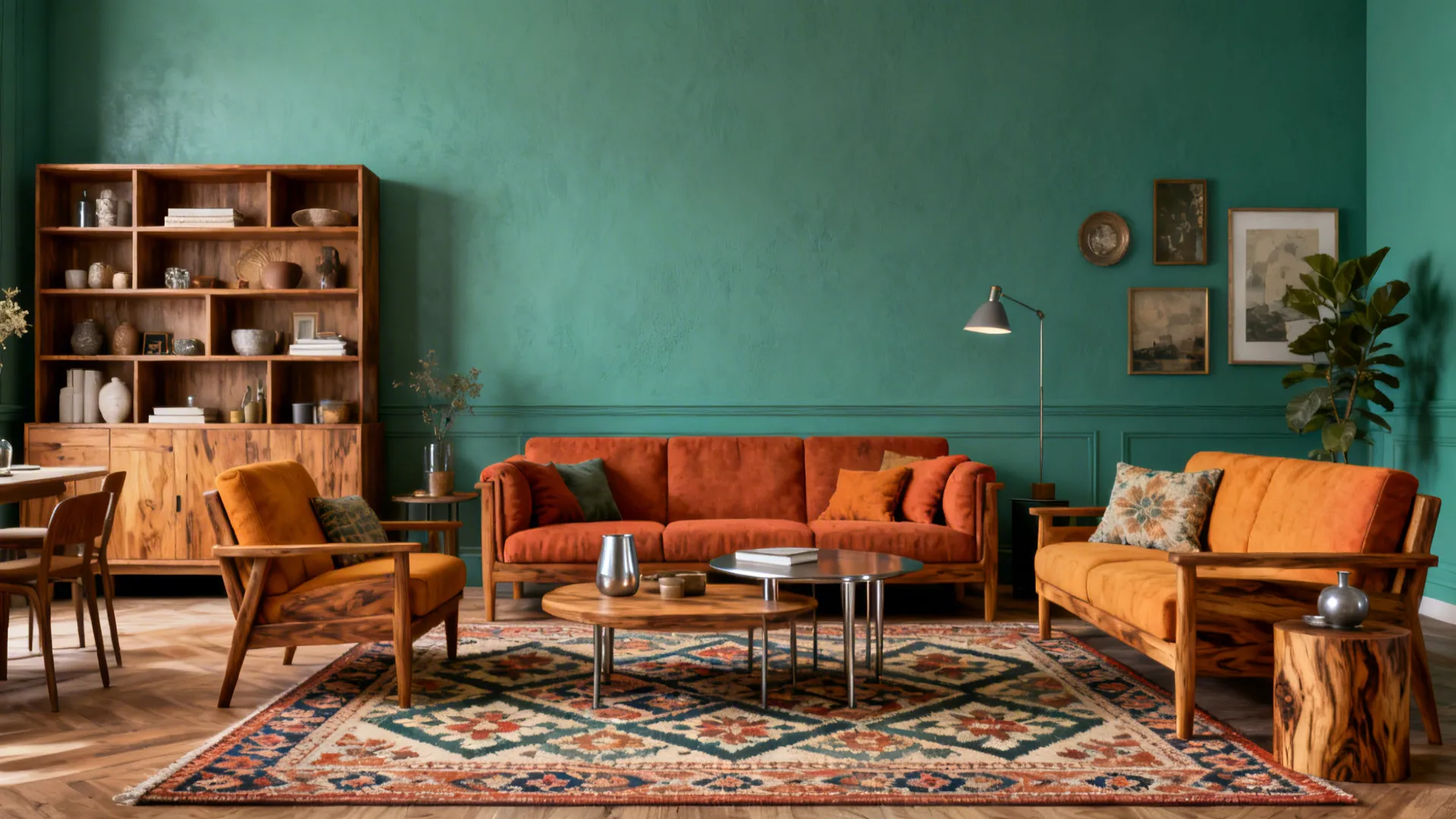 Teal-green living room with warm woods, patterned rug and layered decor.