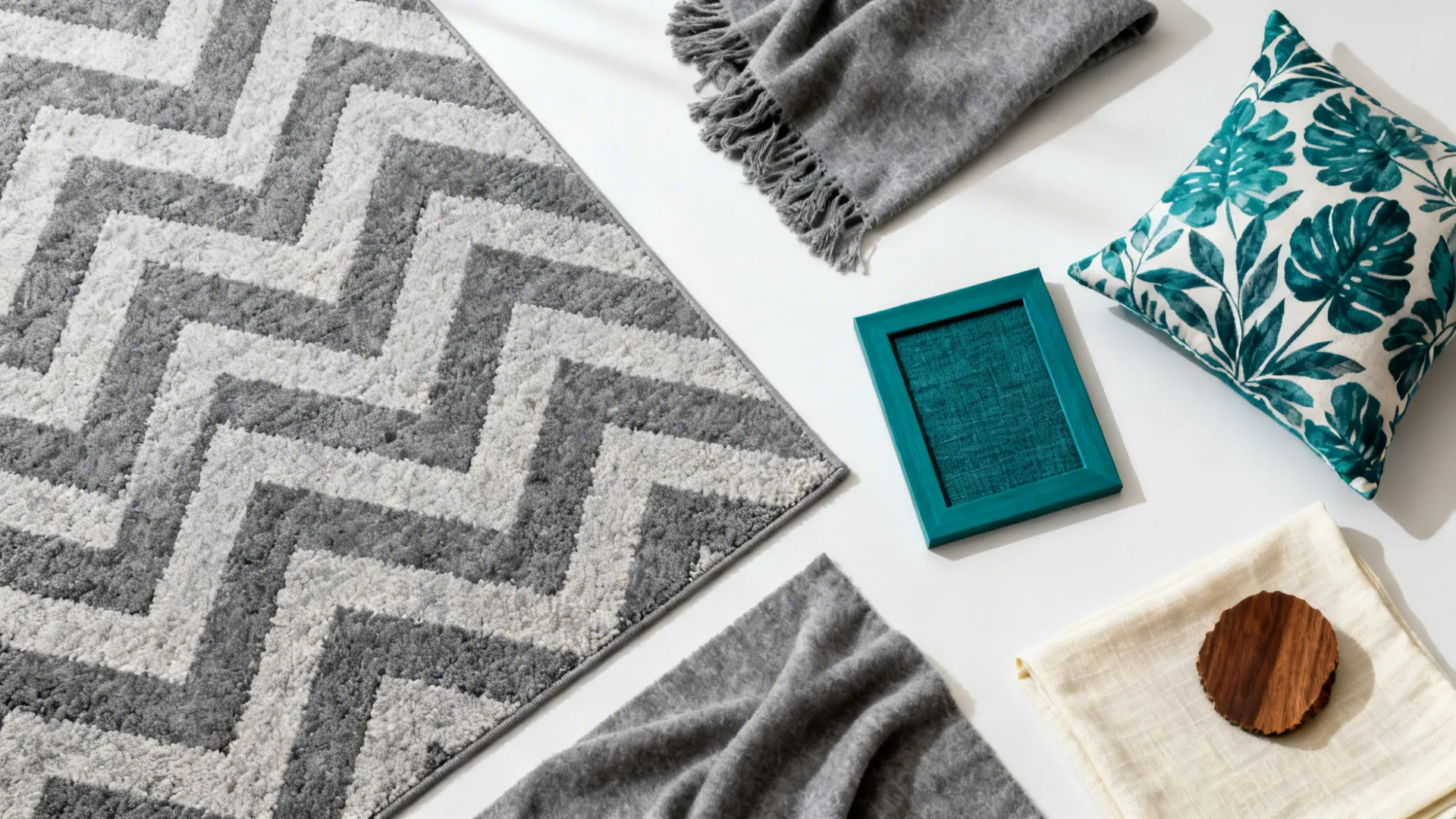 Top-down flat lay of grey herringbone rug, teal botanical fabric, cream linen, and walnut finish samples.