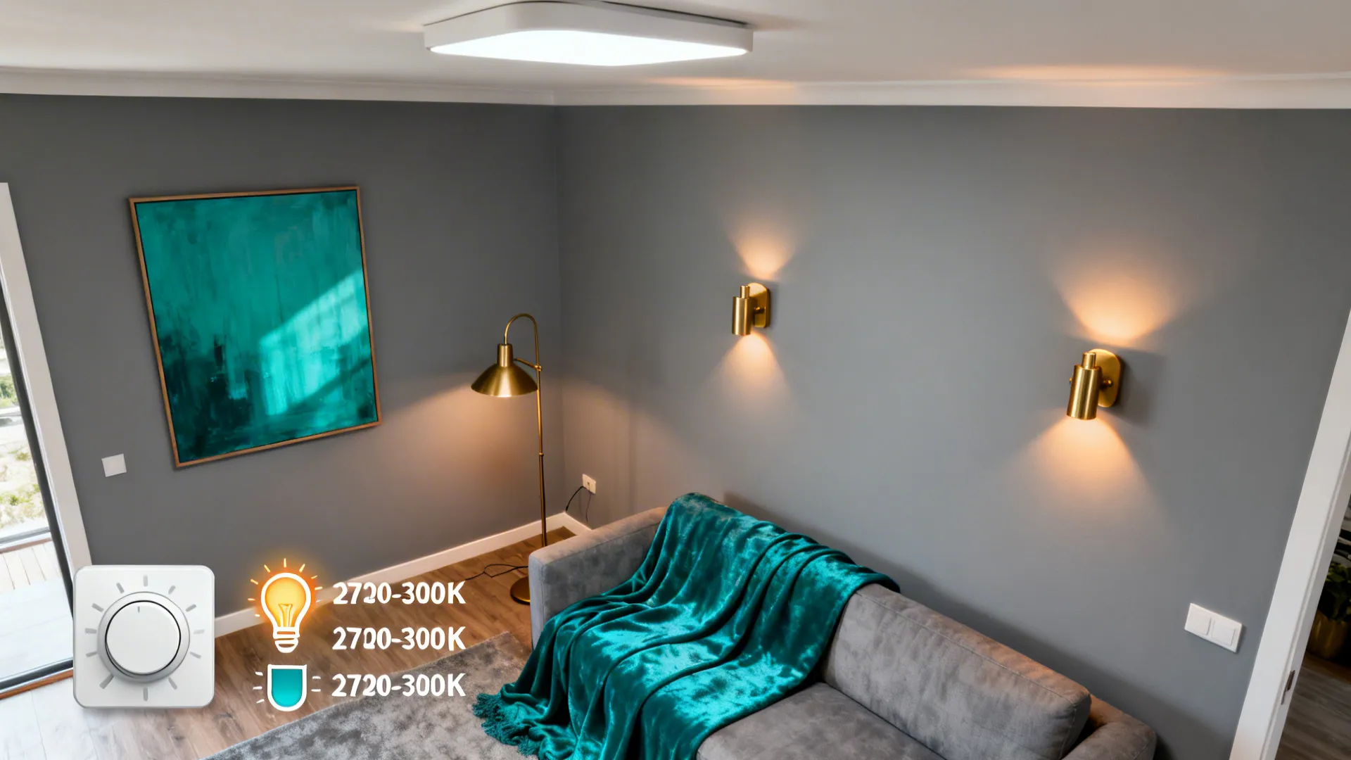 Top-down plan showing layered ambient, task, and accent lighting in a teal and grey living room.