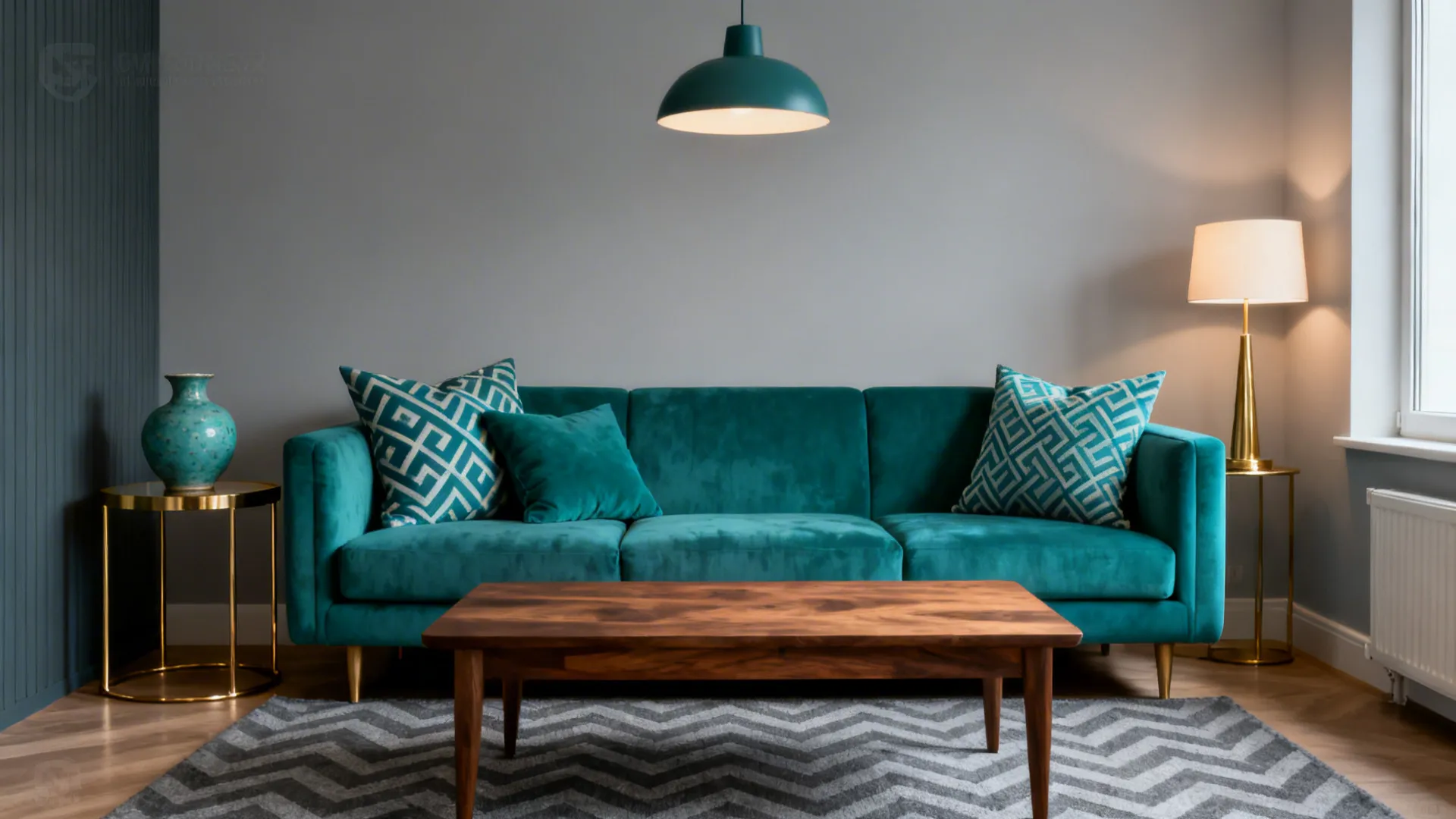 Compact living room showcasing teal hero elements with grey neutrals, warm wood, brass, and layered lighting.