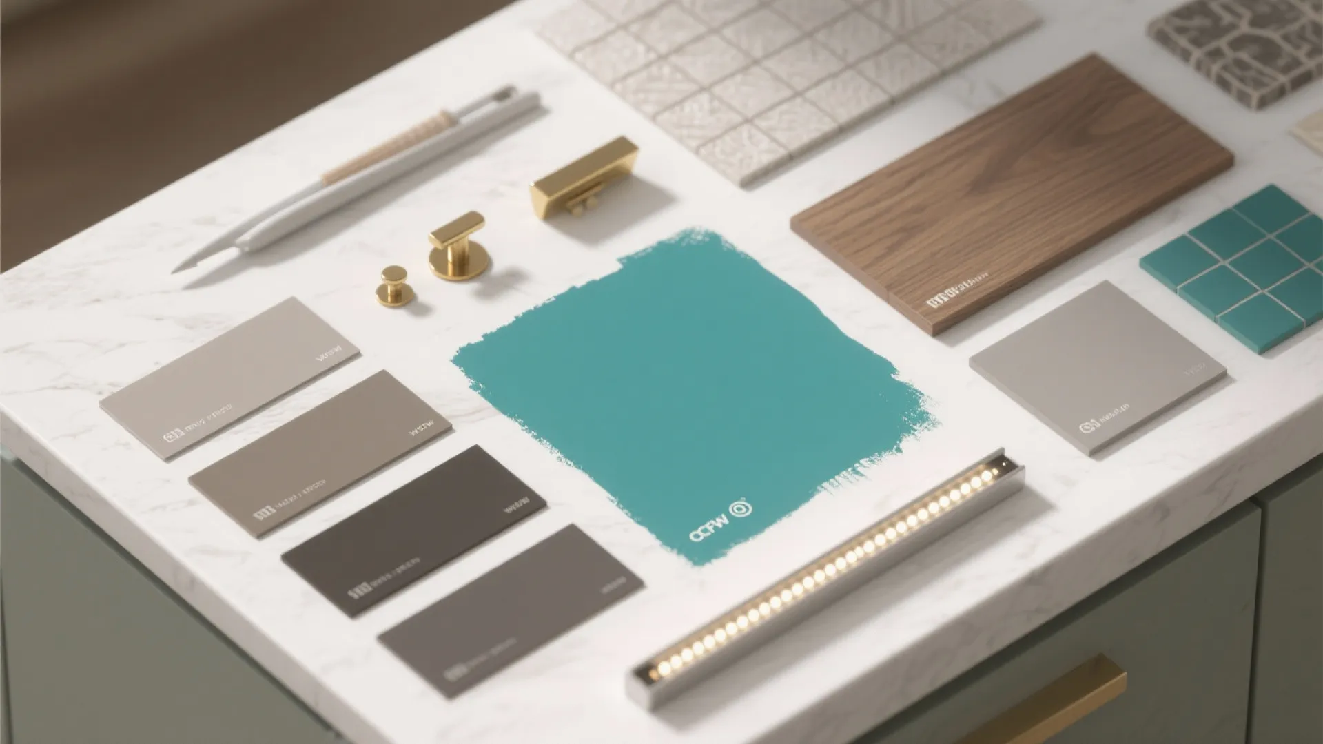 Top-down flatlay of teal and warm grey color swatches with hardware and grout samples for kitchen planning.